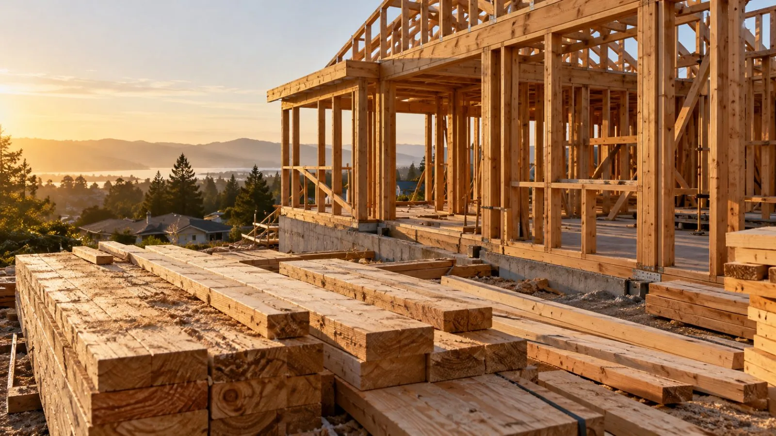 An unfinished house stands beside stacked lumber in morning light. / TokenPost.ai