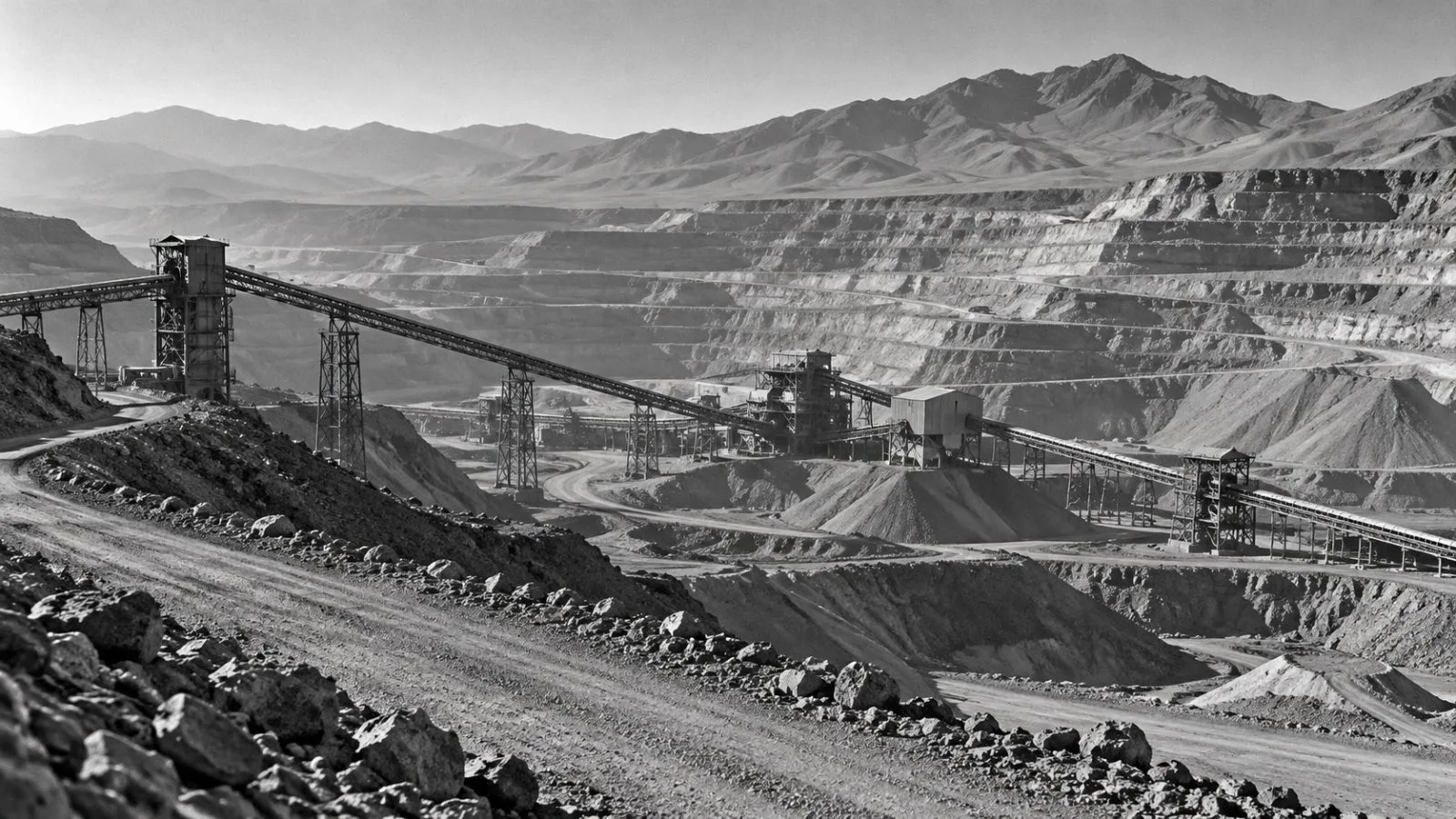 Copper mine structures rise above terraced earthworks at dawn / TokenPost.ai