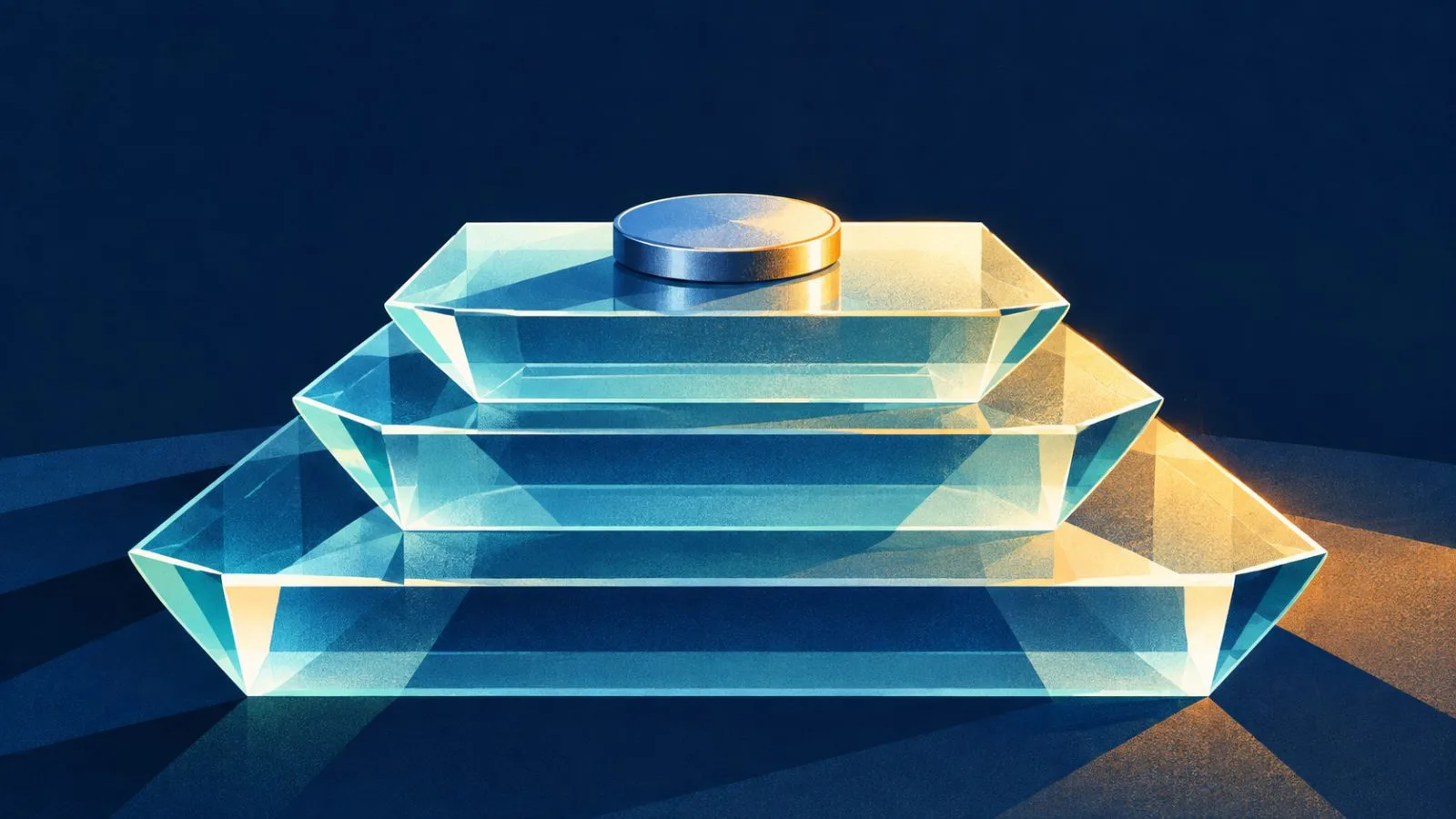 An unmarked token rests on widening glass platforms / TokenPost.ai