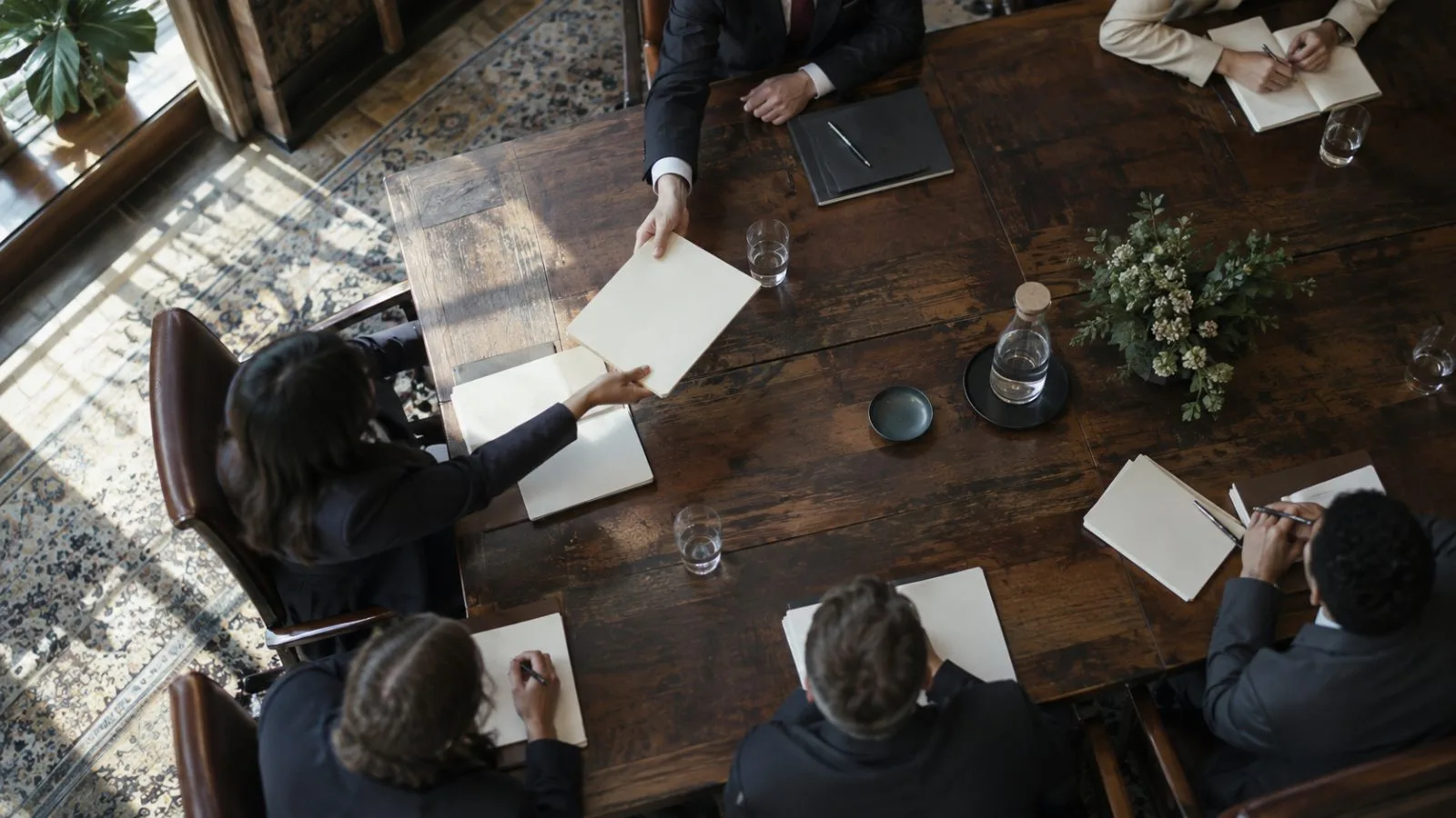 Anonymous officials exchange blank folders in a sunlit meeting room / TokenPost.ai
