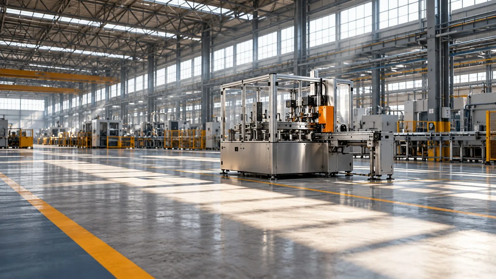 A compact machine sits on an expansive factory floor / TokenPost.ai