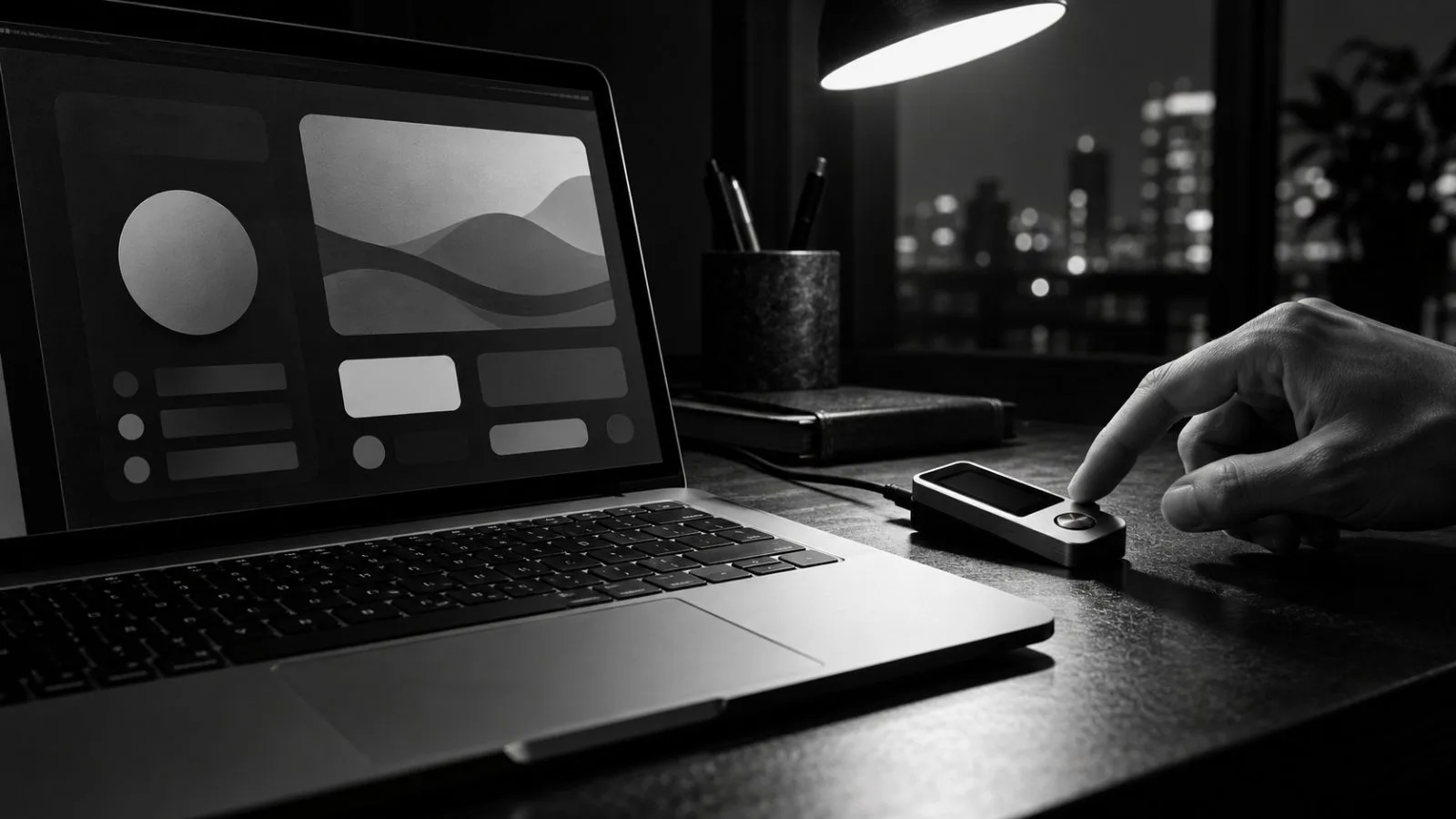 A compact hardware wallet rests beside an open laptop / TokenPost.ai