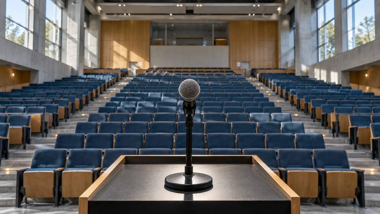 A lone microphone faces rows of empty auditorium seats / TokenPost.ai