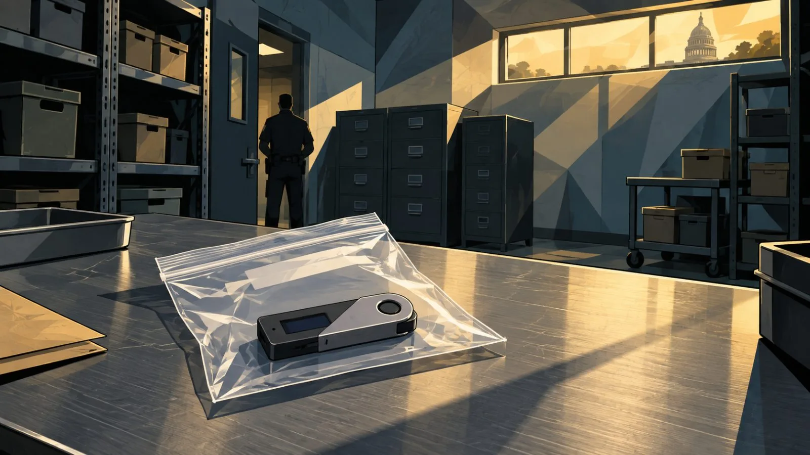 Sealed cryptocurrency wallet inside a government evidence room / TokenPost.ai