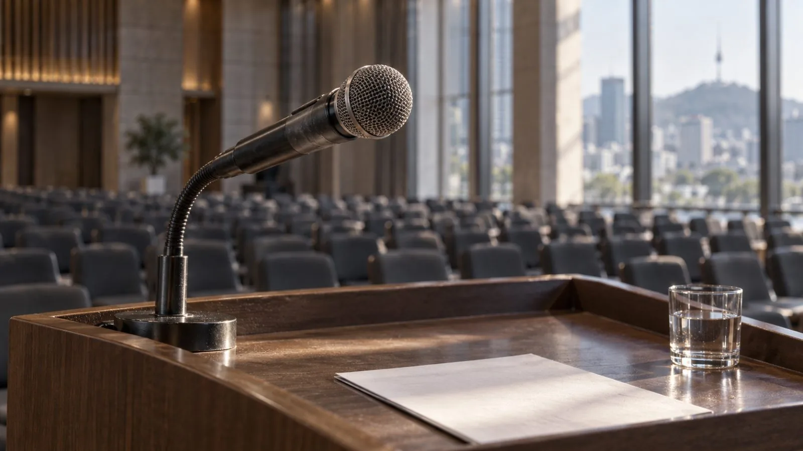 A microphone stands before empty chairs in a Seoul conference hall / TokenPost.ai