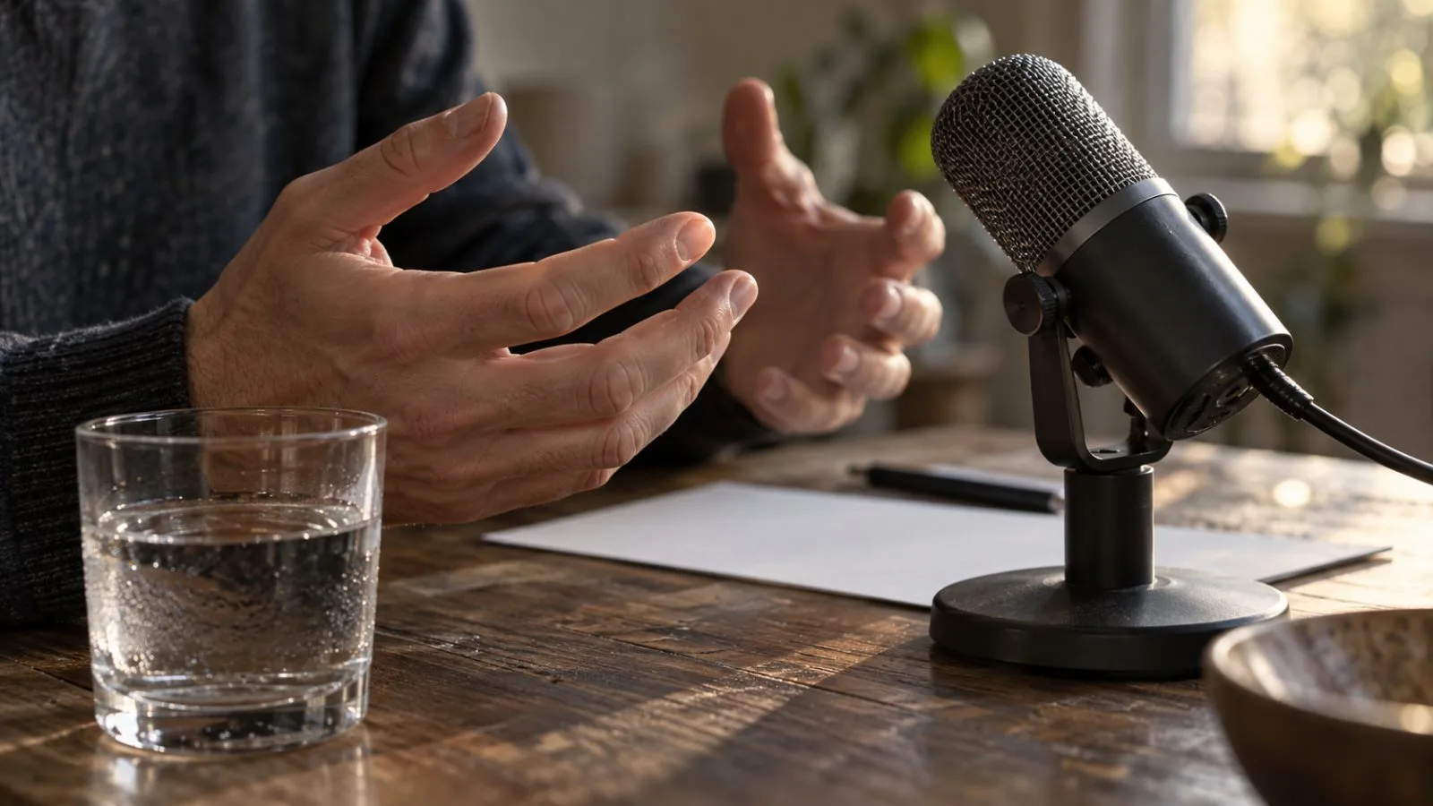 Unidentified speaker gesturing beside a studio microphone / TokenPost.ai