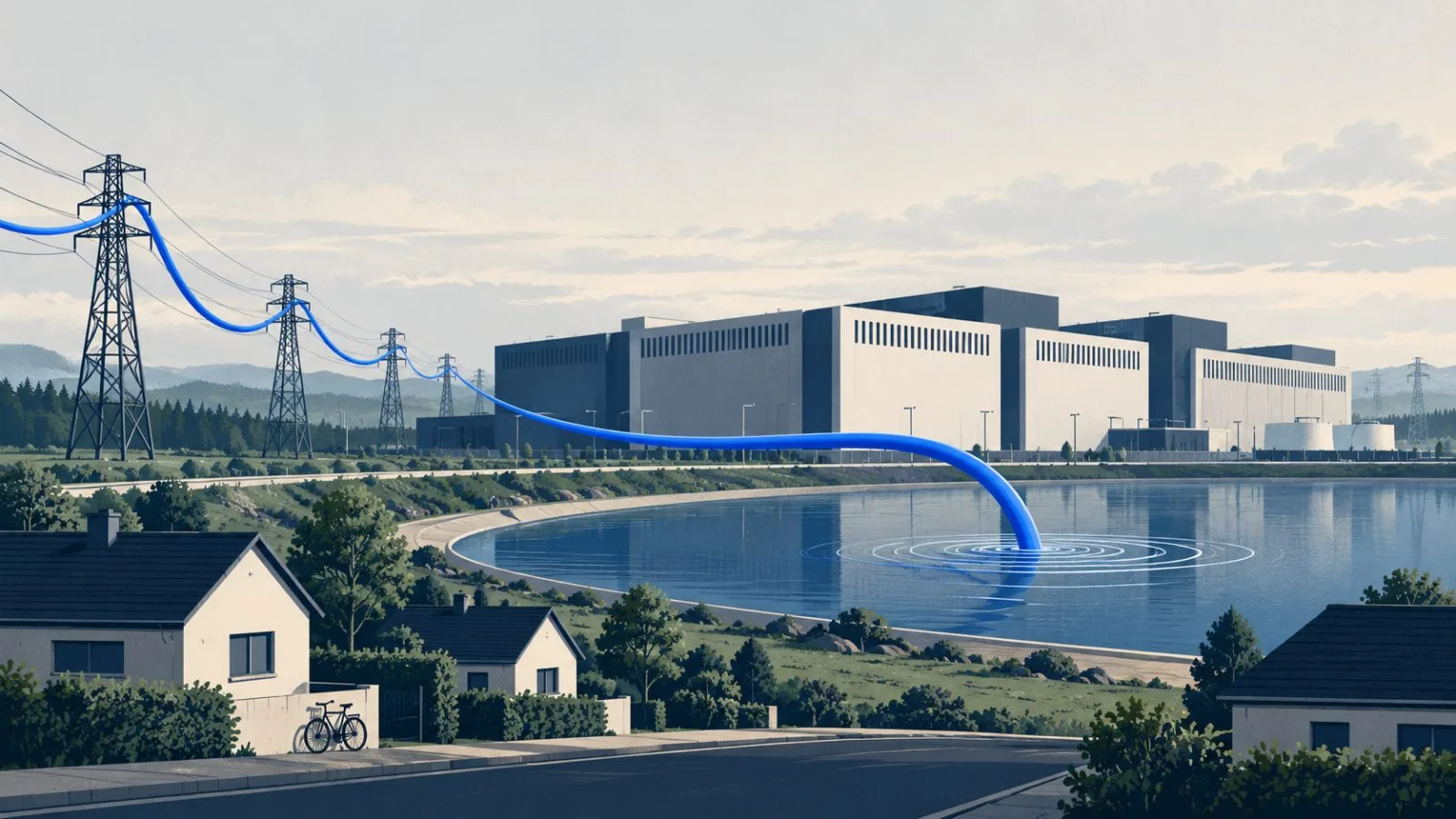 A data center campus sits beside water basins and power lines / TokenPost.ai