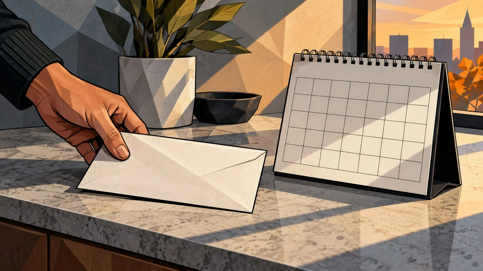 Plain payment envelope beside a blank calendar in warm window light / TokenPost.ai