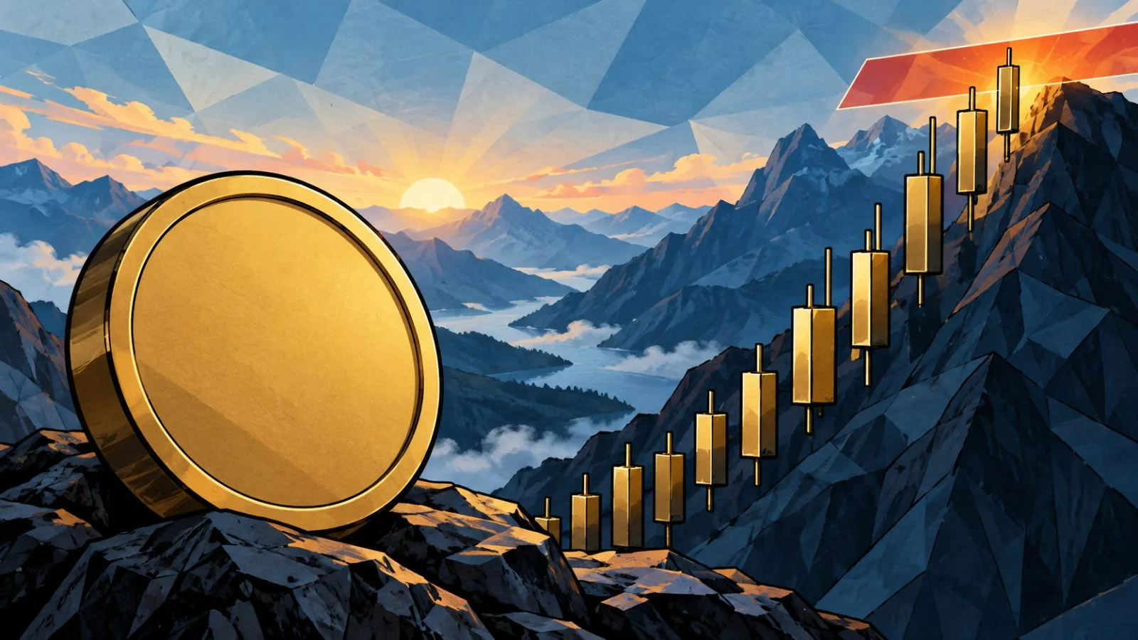 Metallic token beside rising market bars in soft morning light / TokenPost.ai