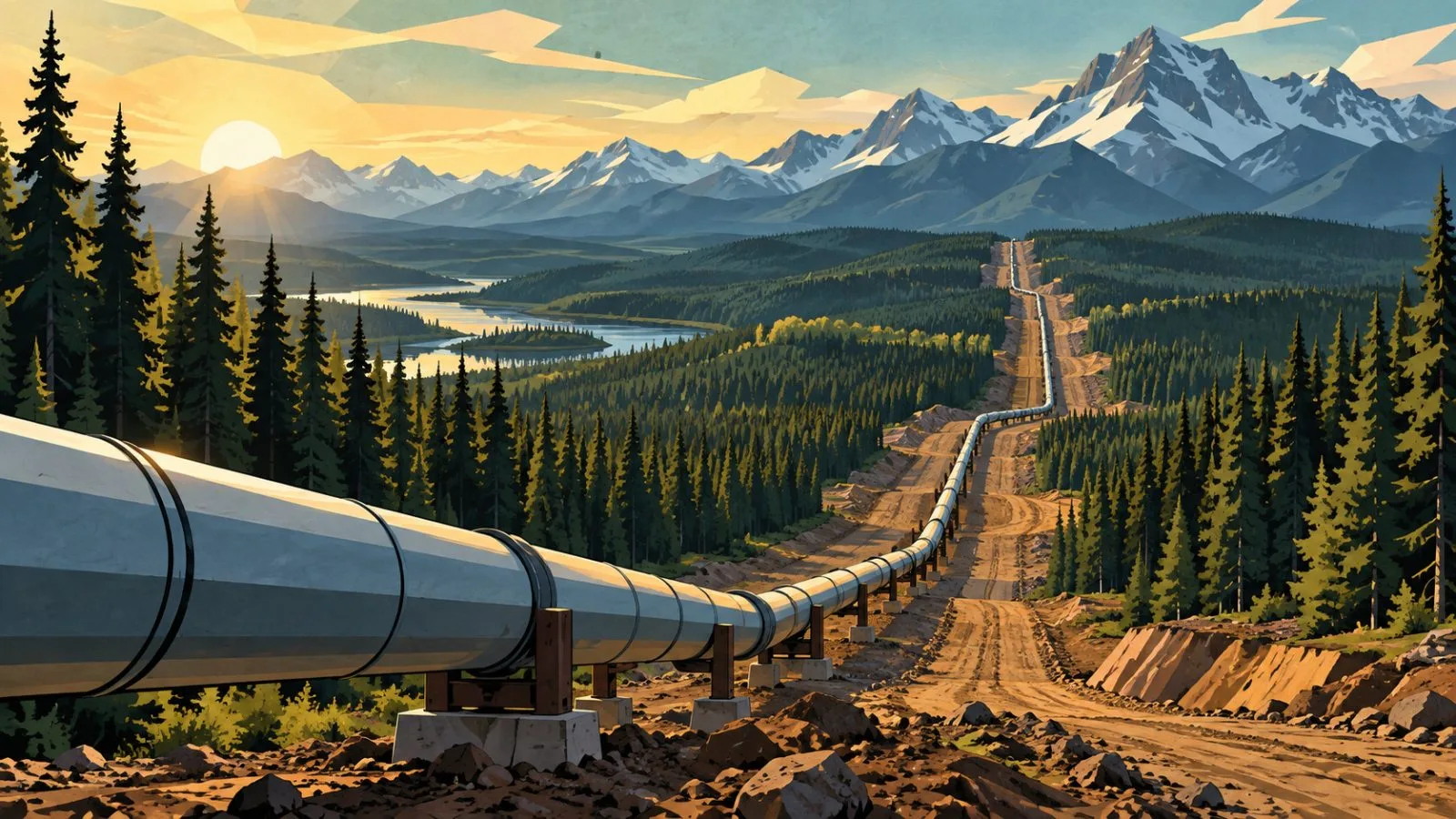 A steel pipeline crosses a forested landscape beneath distant mountains / TokenPost.ai
