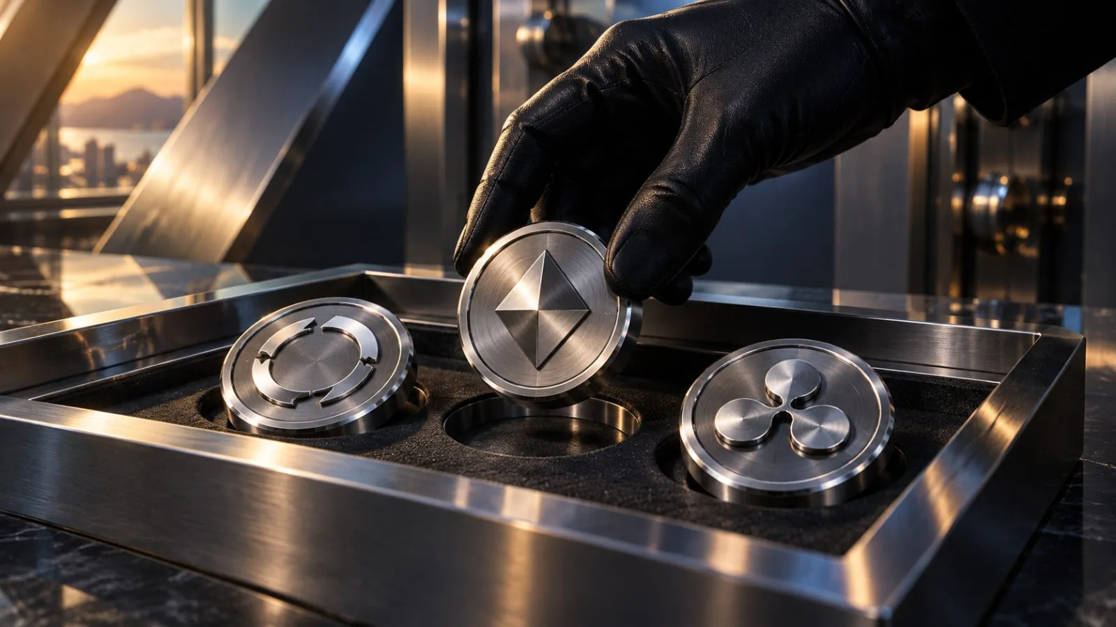 Three metal token discs arranged beside a steel vault tray / TokenPost.ai