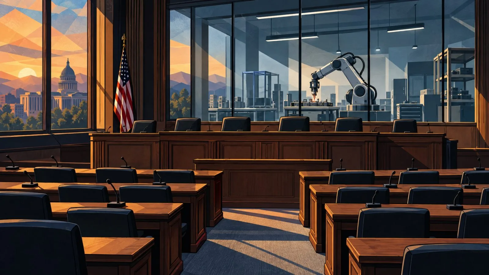Empty hearing room overlooking an automated research laboratory / TokenPost.ai