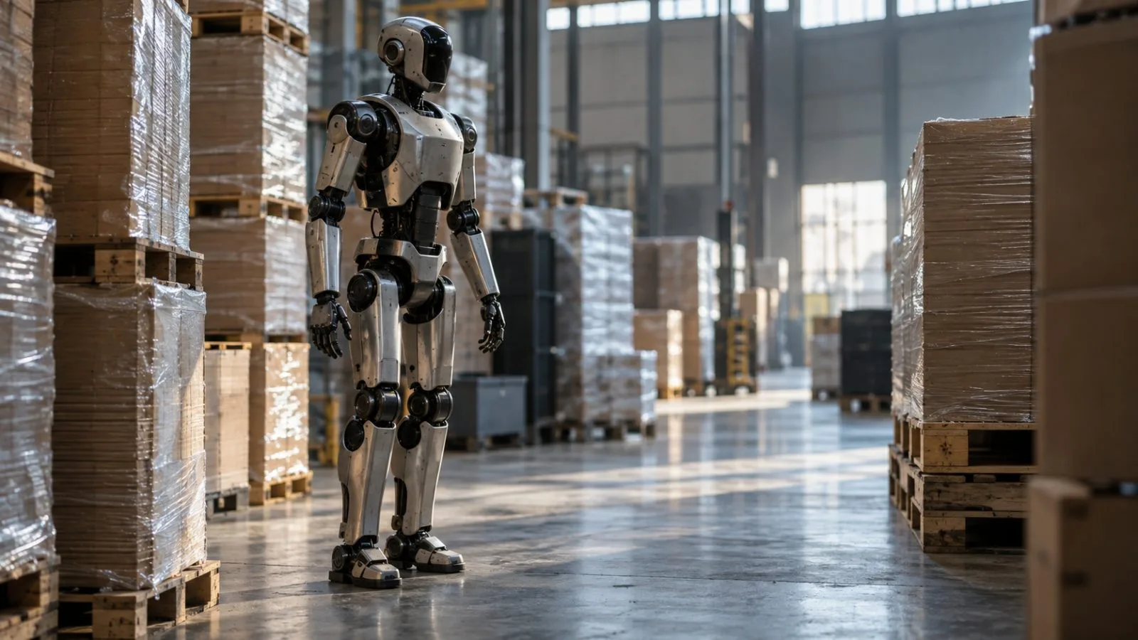A humanoid robot stands between warehouse pallets under skylights / TokenPost.ai