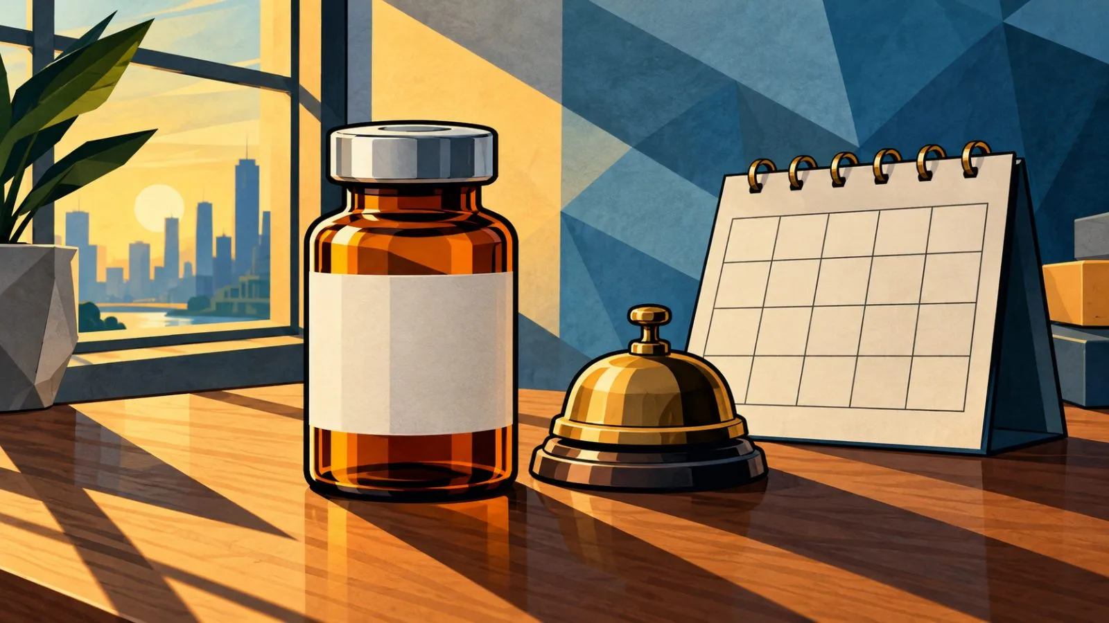 Amber medicine vial beside a brass market bell / TokenPost.ai