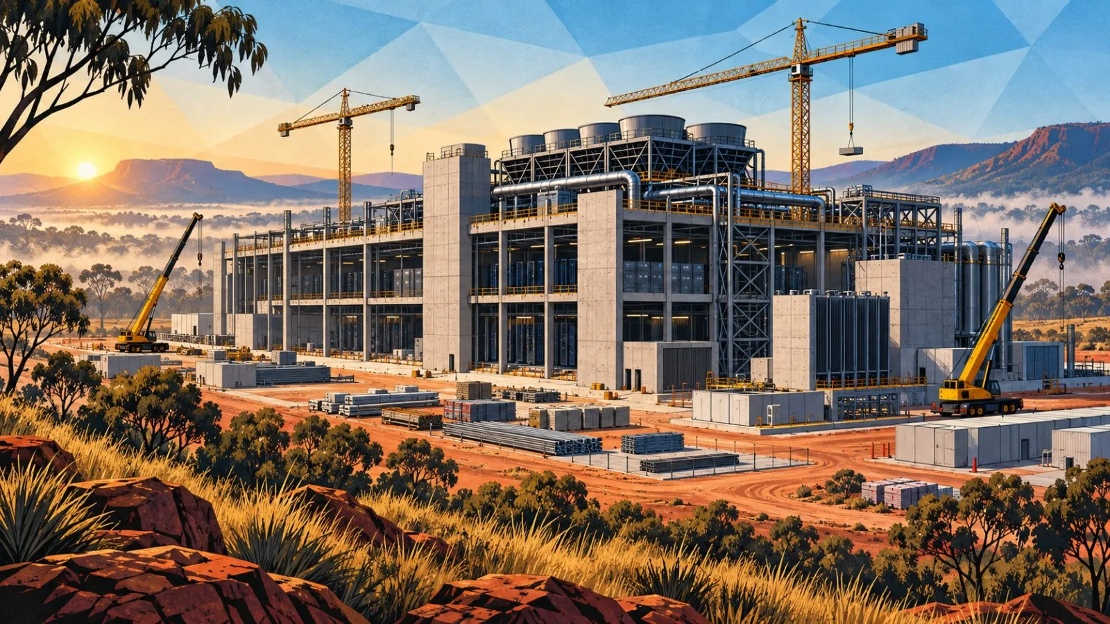 Data center shell rising beside construction cranes at dawn / TokenPost.ai