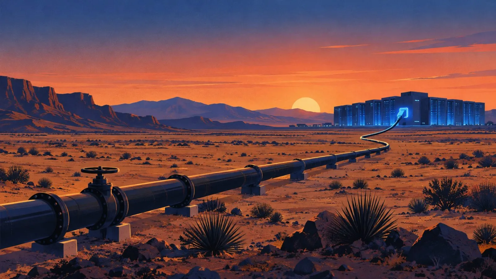 A gas pipeline crosses the open New Mexico desert at dusk / TokenPost.ai