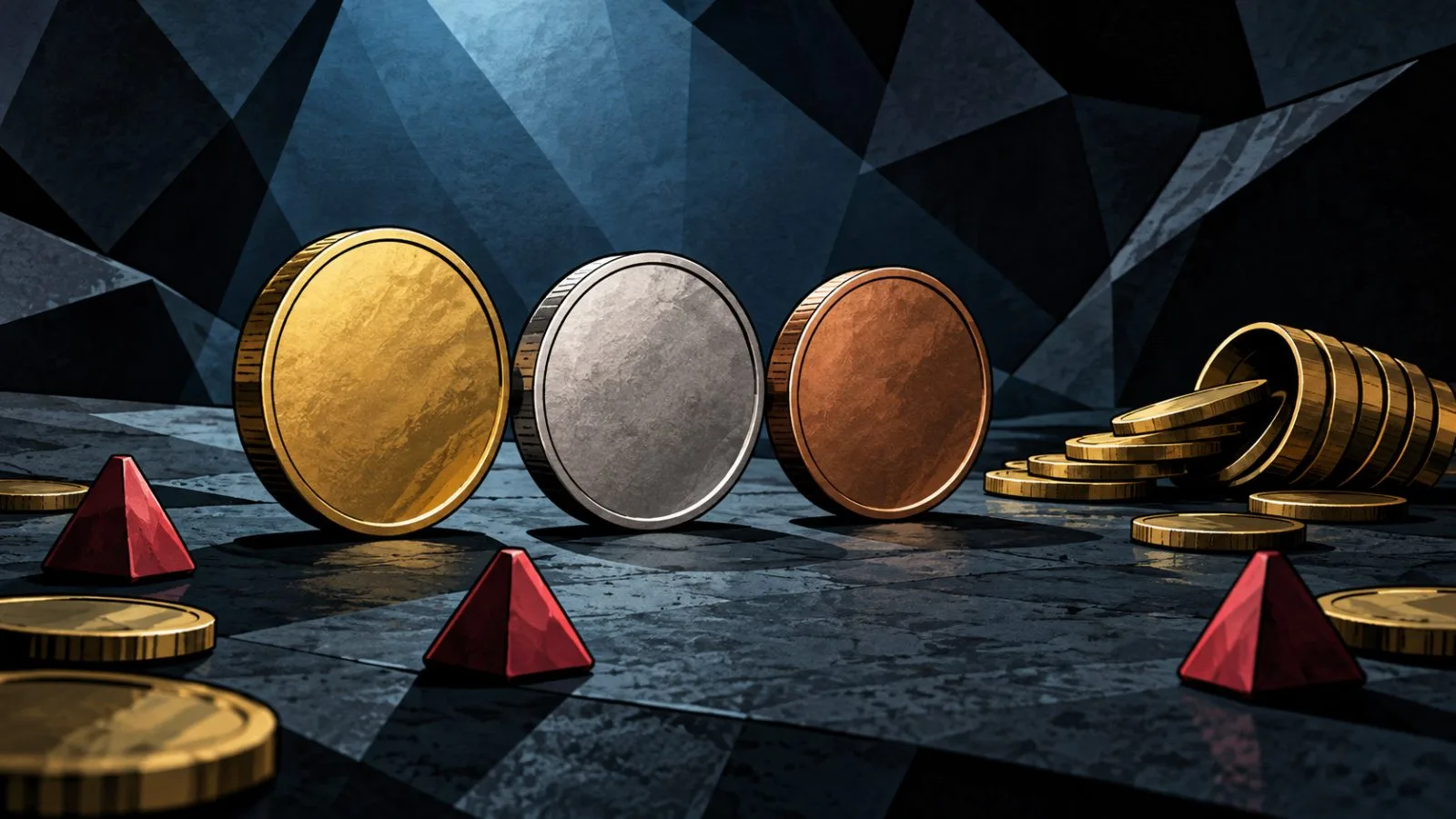 Unmarked metal tokens beside scattered liquidation markers / TokenPost.ai