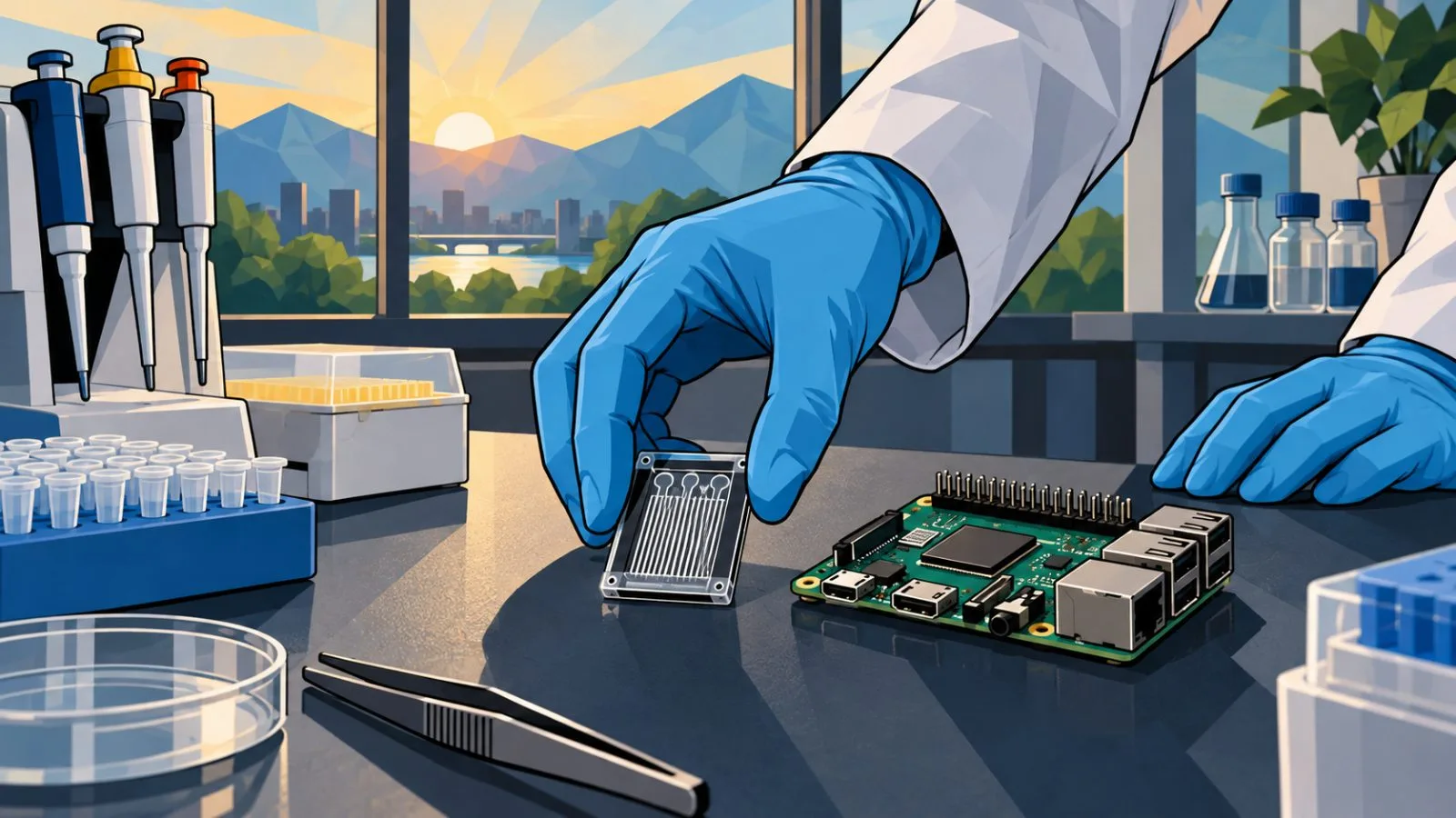 A sequencing flow cell rests beside a compact computing board / TokenPost.ai