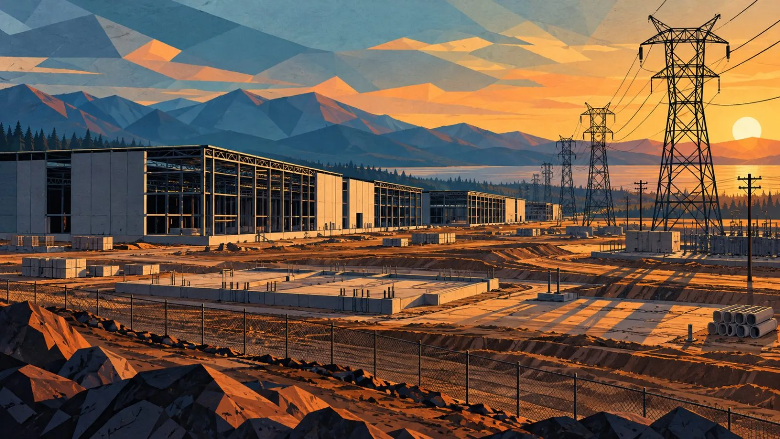 Unfinished data-center foundations beside transmission towers at evening / TokenPost.ai