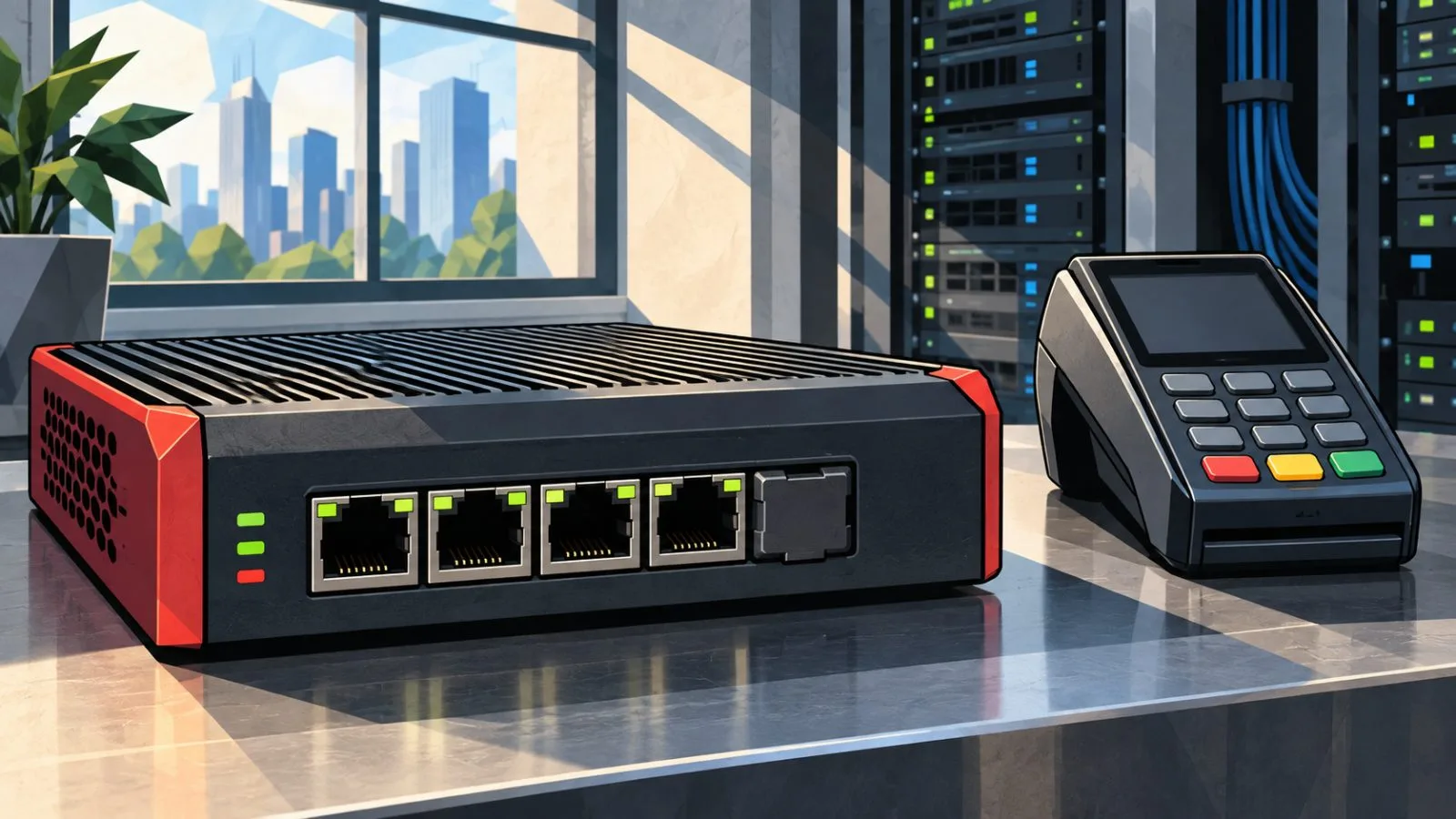 A firewall appliance sits beside a compact payment terminal / TokenPost.ai