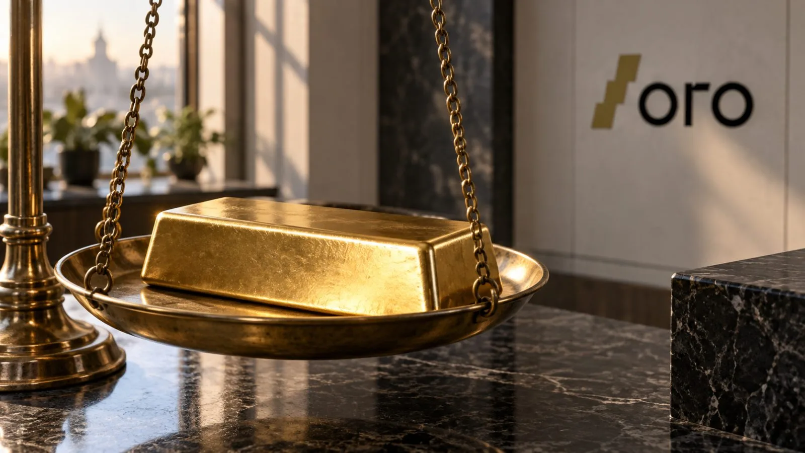 Gold bullion bar resting on a brass scale in window light / TokenPost.ai / TokenPost.ai