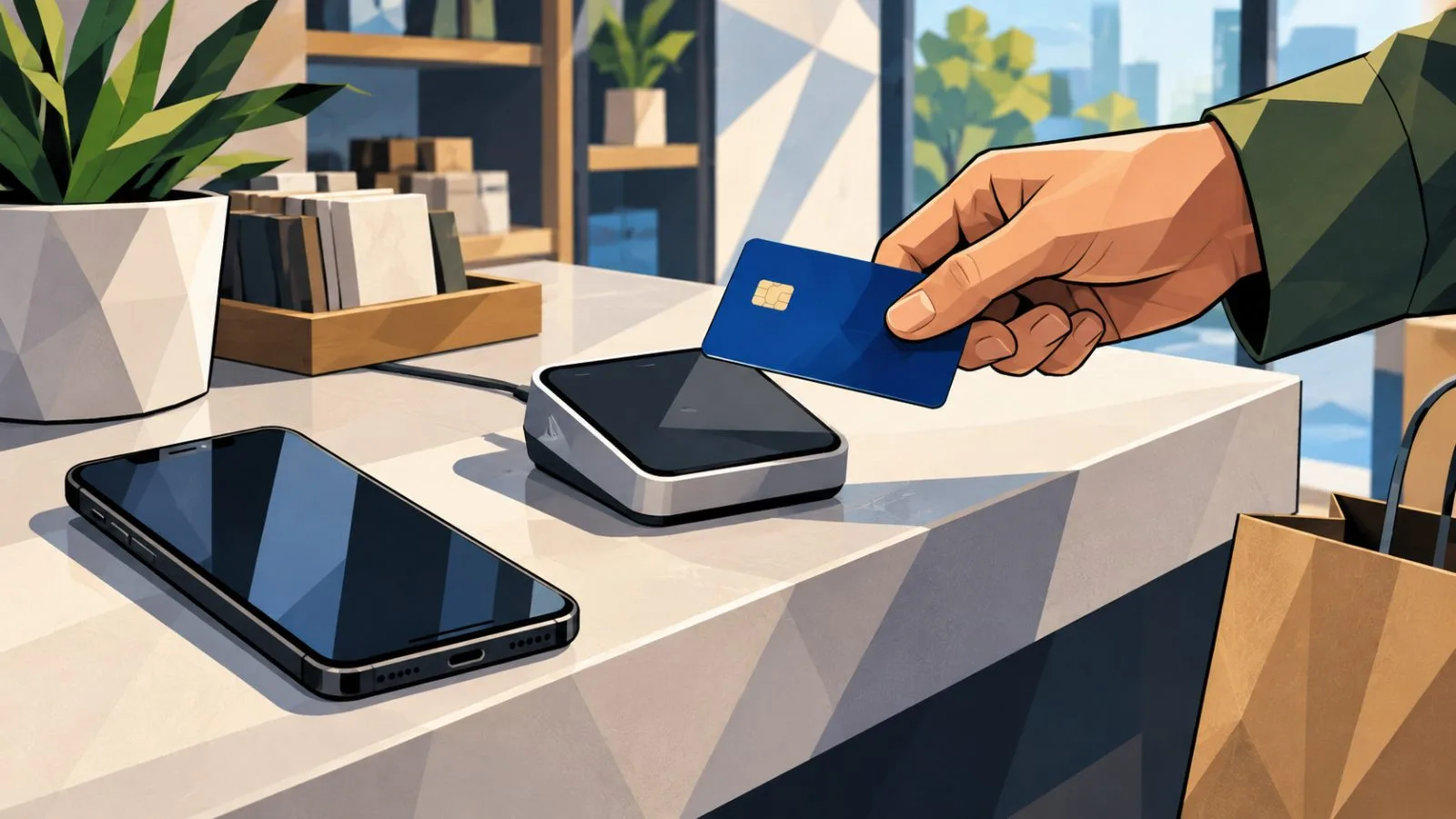Smartphone beside a compact card reader on a retail counter / TokenPost.ai