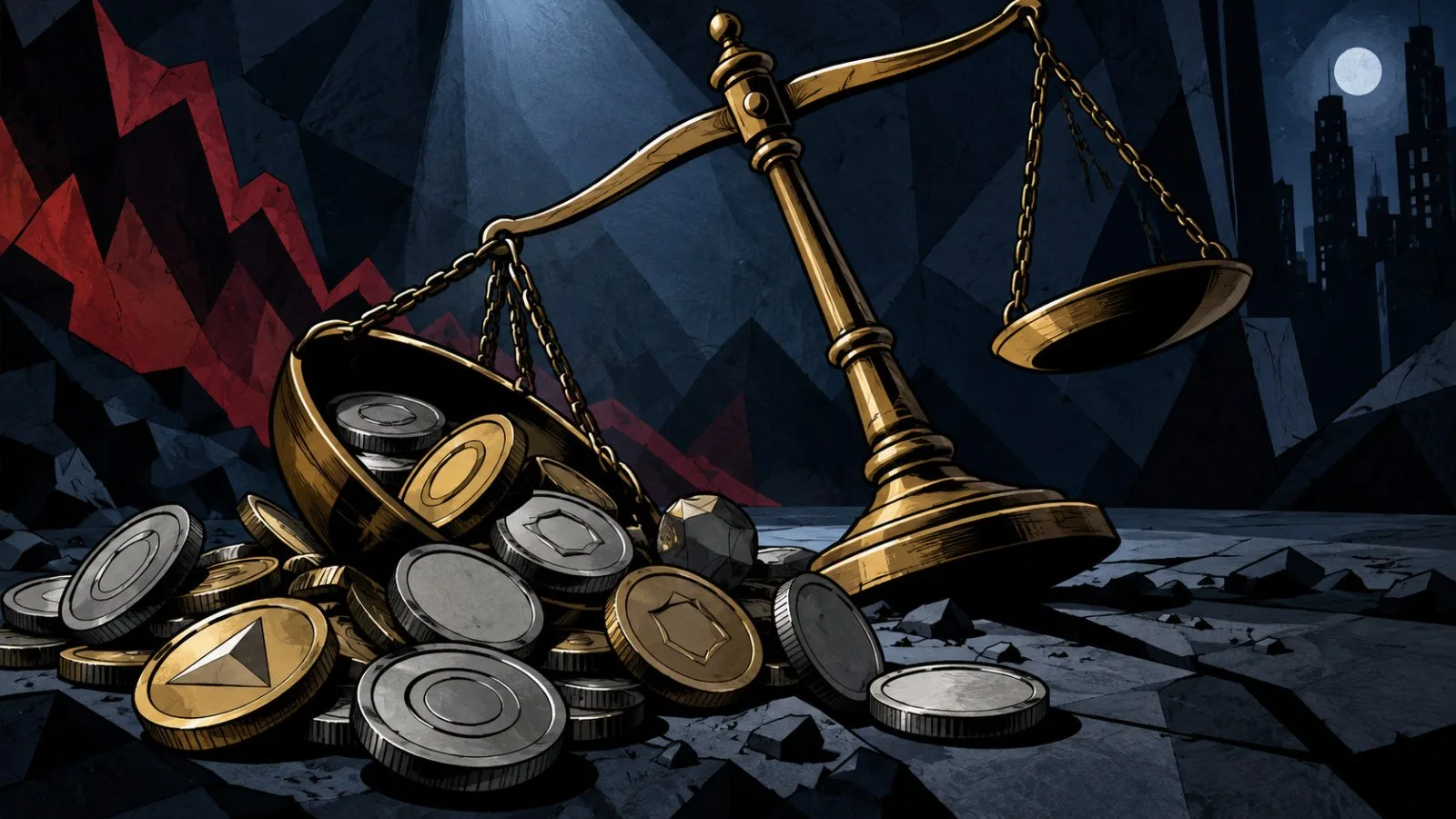 Metal tokens beside a tilted brass balance scale / TokenPost.ai