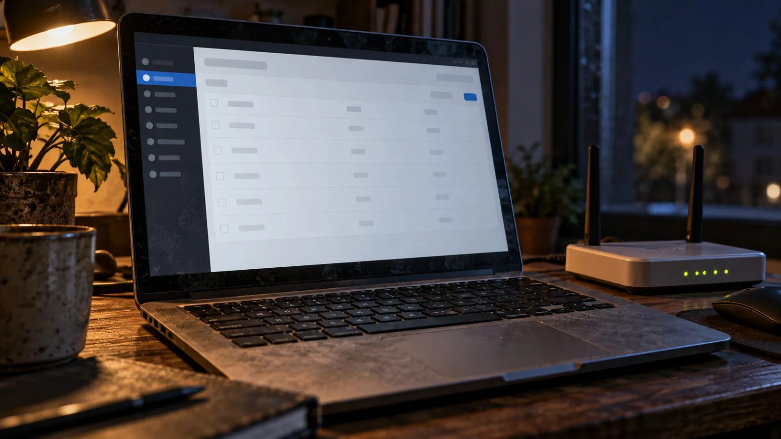 An open laptop beside a small router on a dim table / TokenPost.ai