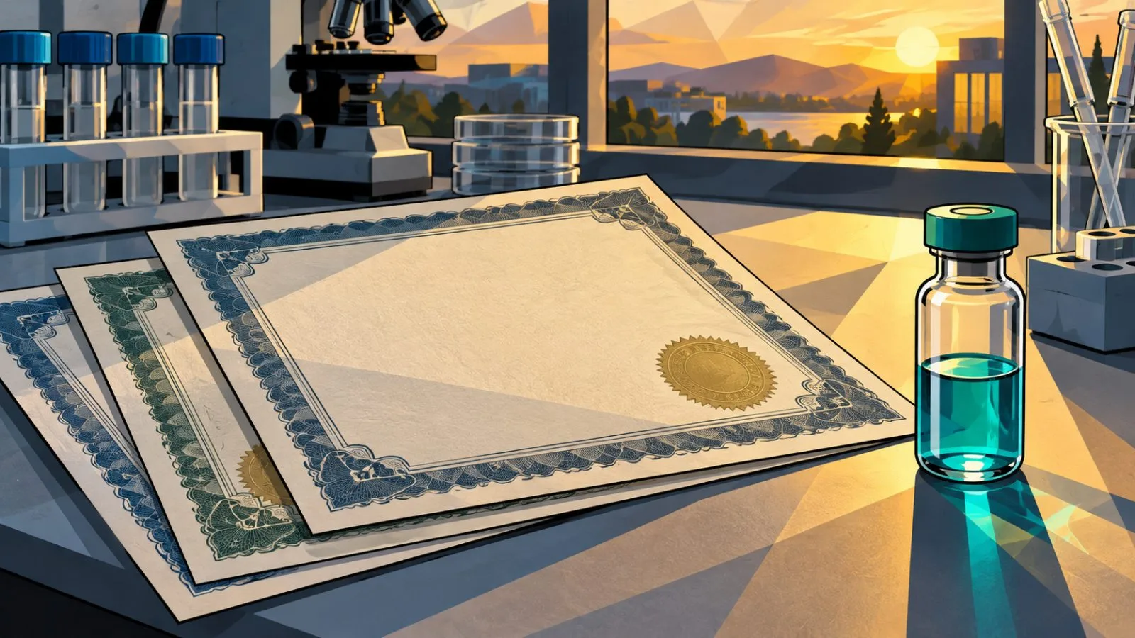 A glass vial stands beside sealed certificates in warm window light / TokenPost.ai