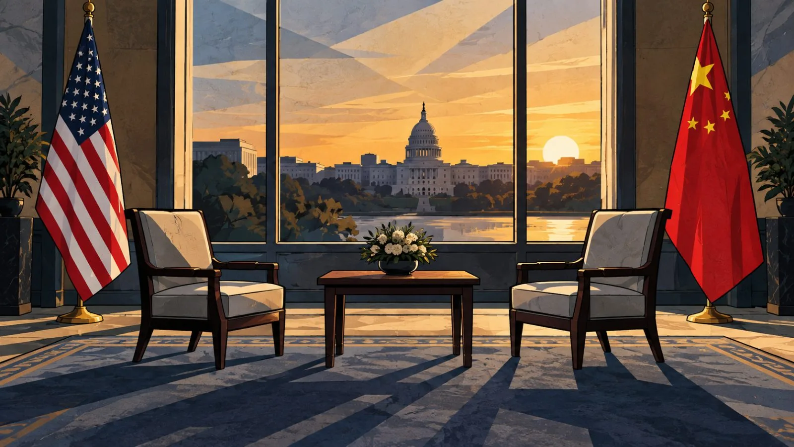 Two flags stand beside empty chairs in a quiet meeting room / TokenPost.ai