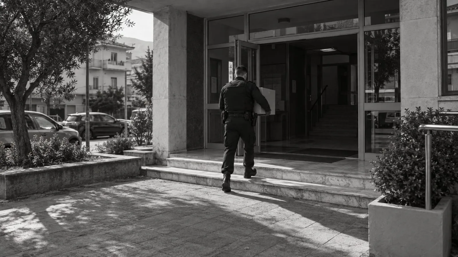 An evidence box passes through an office building entrance / TokenPost.ai