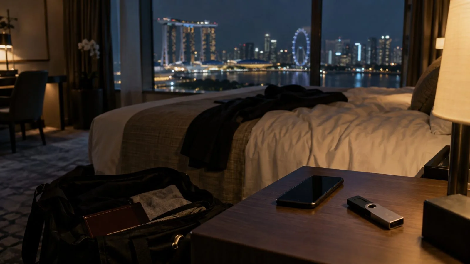 Open travel bag and hardware wallet beside a hotel room phone / TokenPost.ai