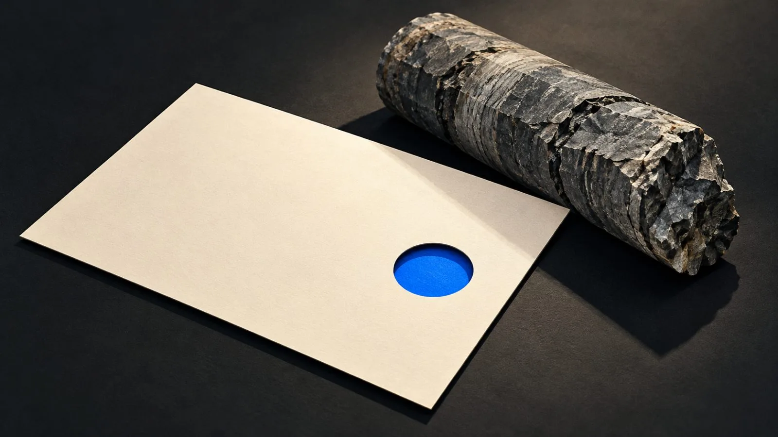 An unmarked share certificate rests beside a rough shale core / TokenPost.ai