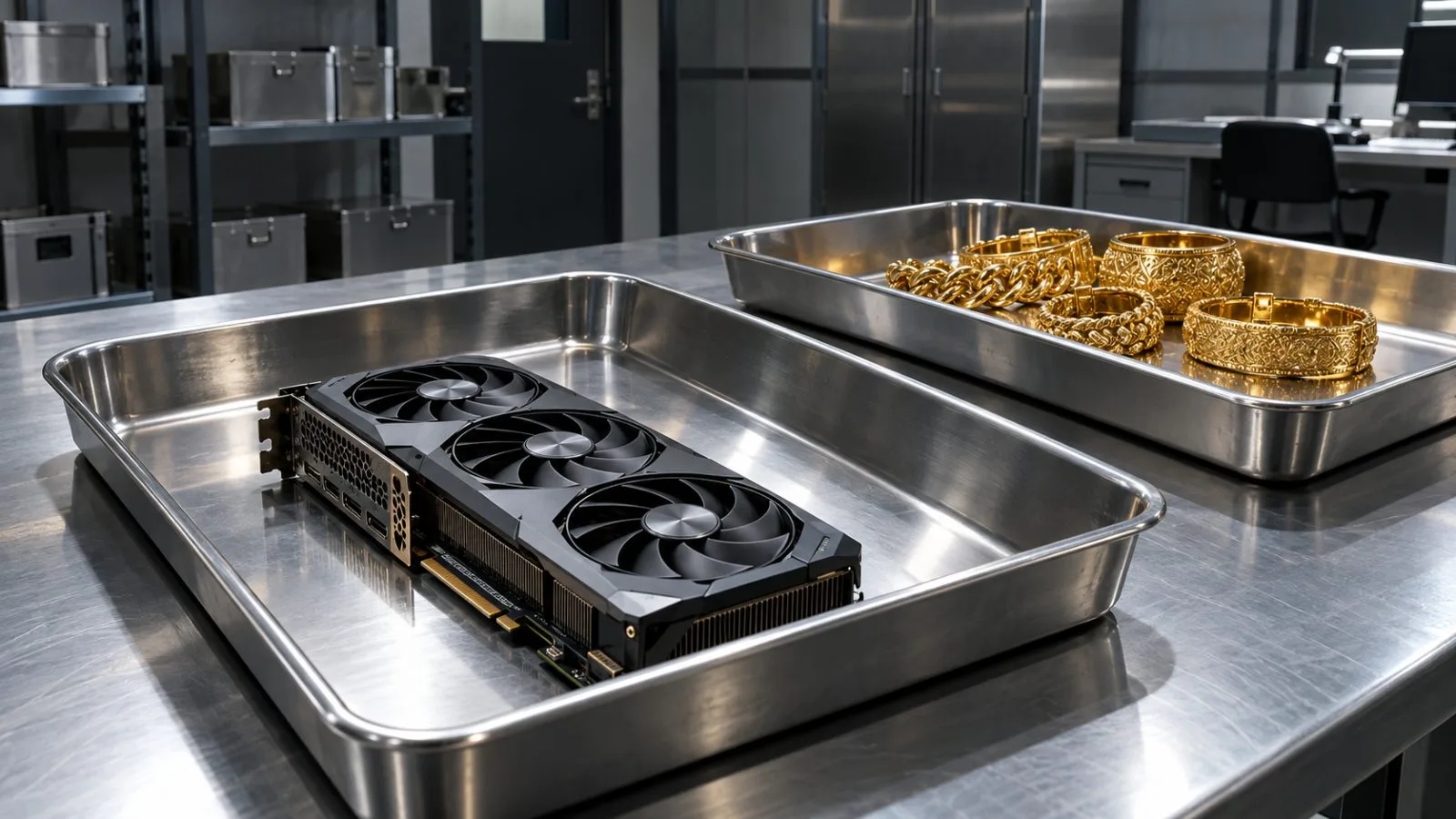 A graphics card and gold bracelets rest in separate evidence trays / TokenPost.ai