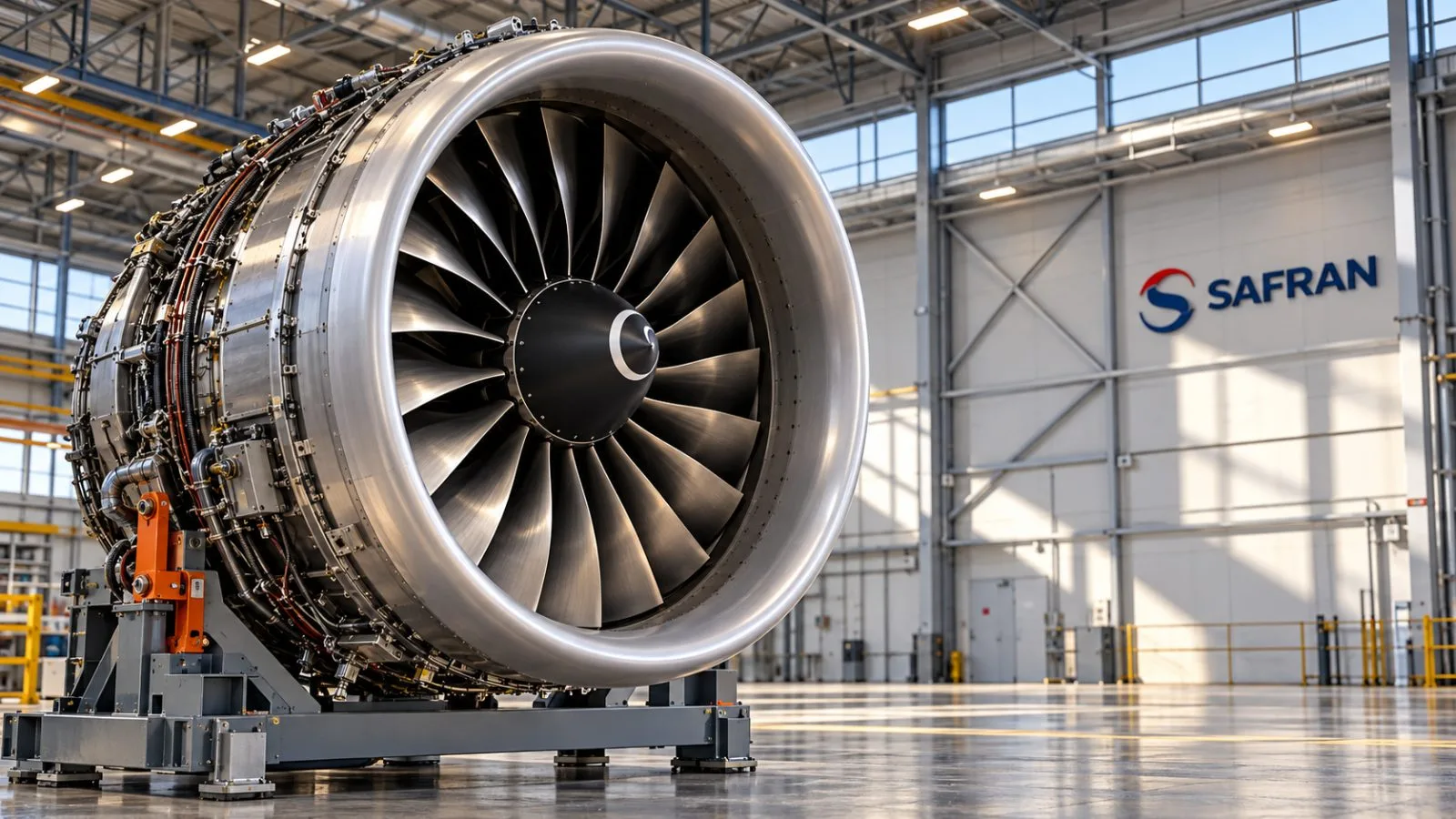 A turbofan engine rests on an assembly stand under factory lights / TokenPost.ai