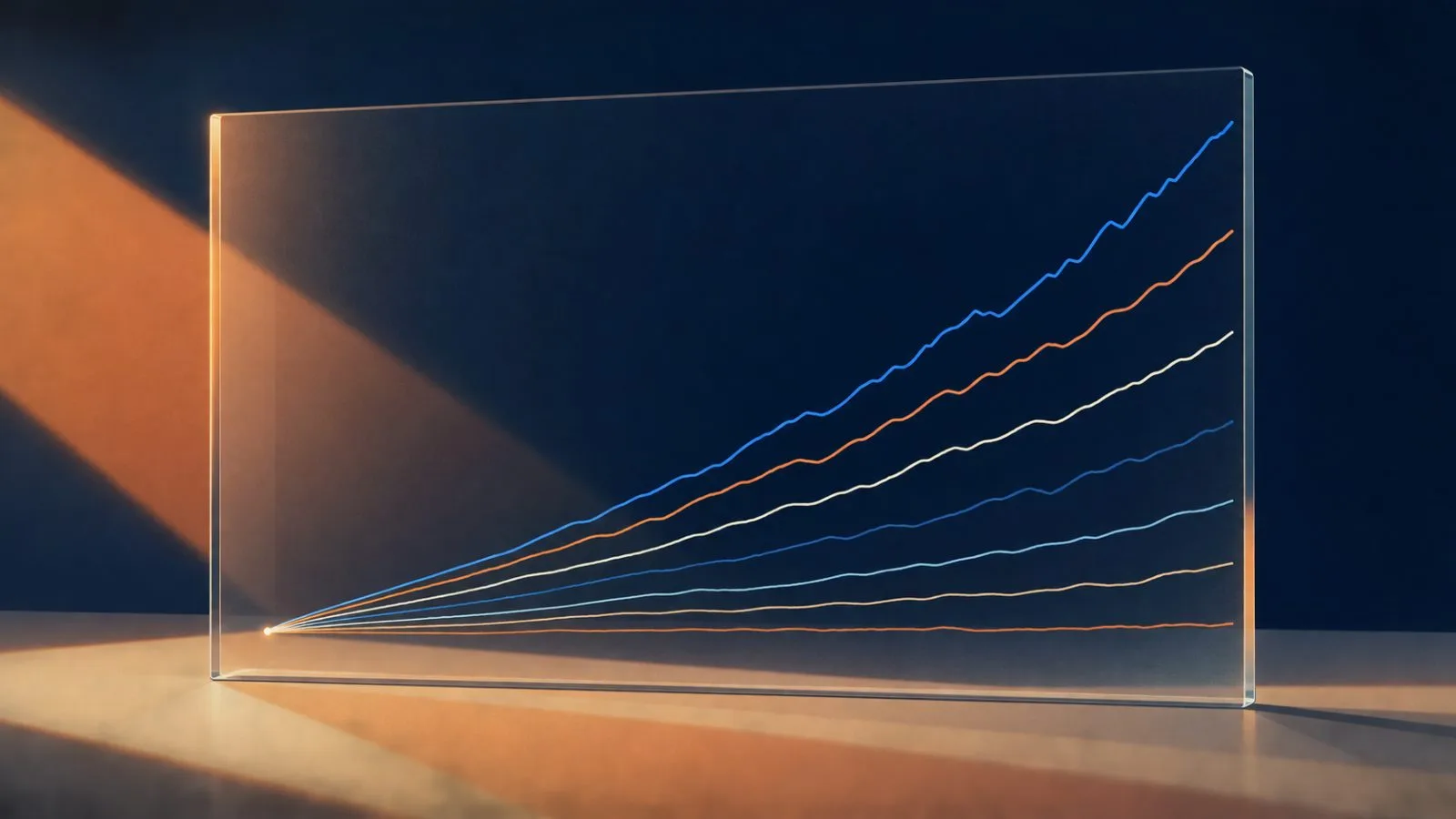 Seven fine lines separate across a blank glass chart panel / TokenPost.ai