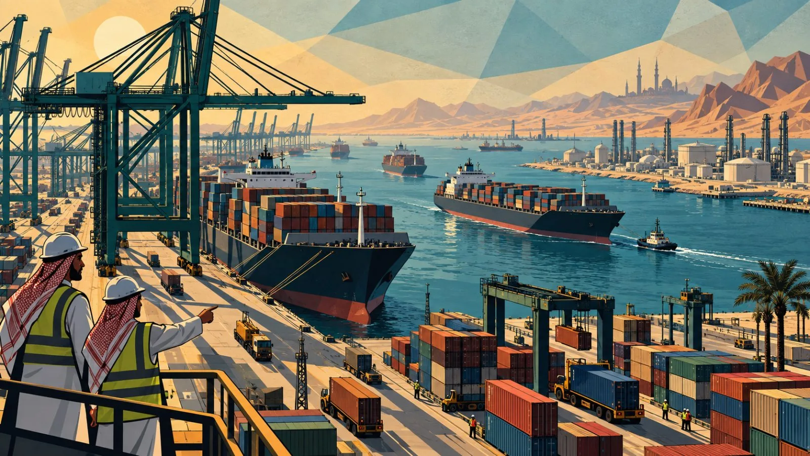 Cargo cranes and ships line a Saudi Arabian port at dawn / TokenPost.ai