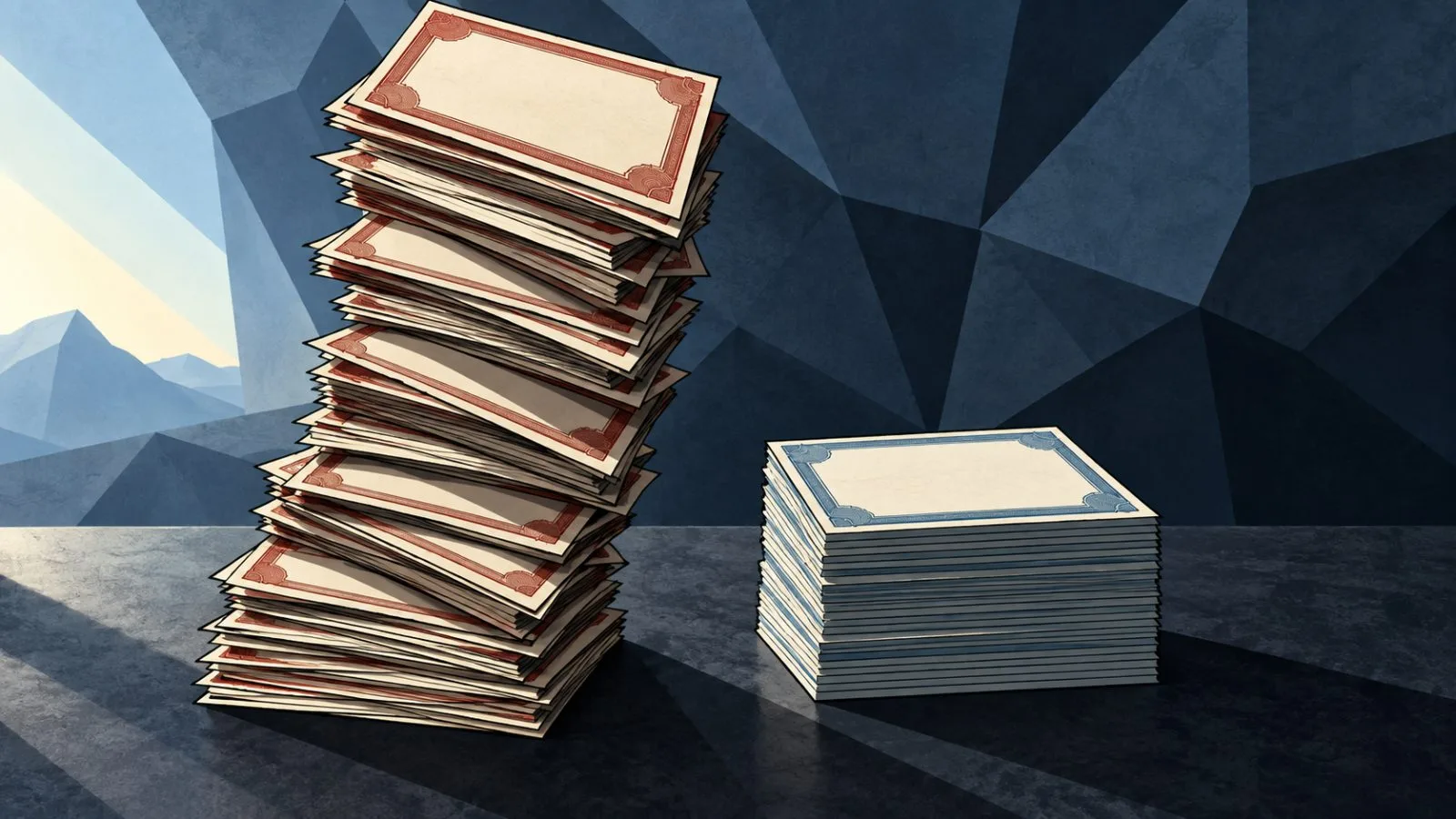 Unmarked bond certificates lean beside a smaller stack of Treasury notes / TokenPost.ai