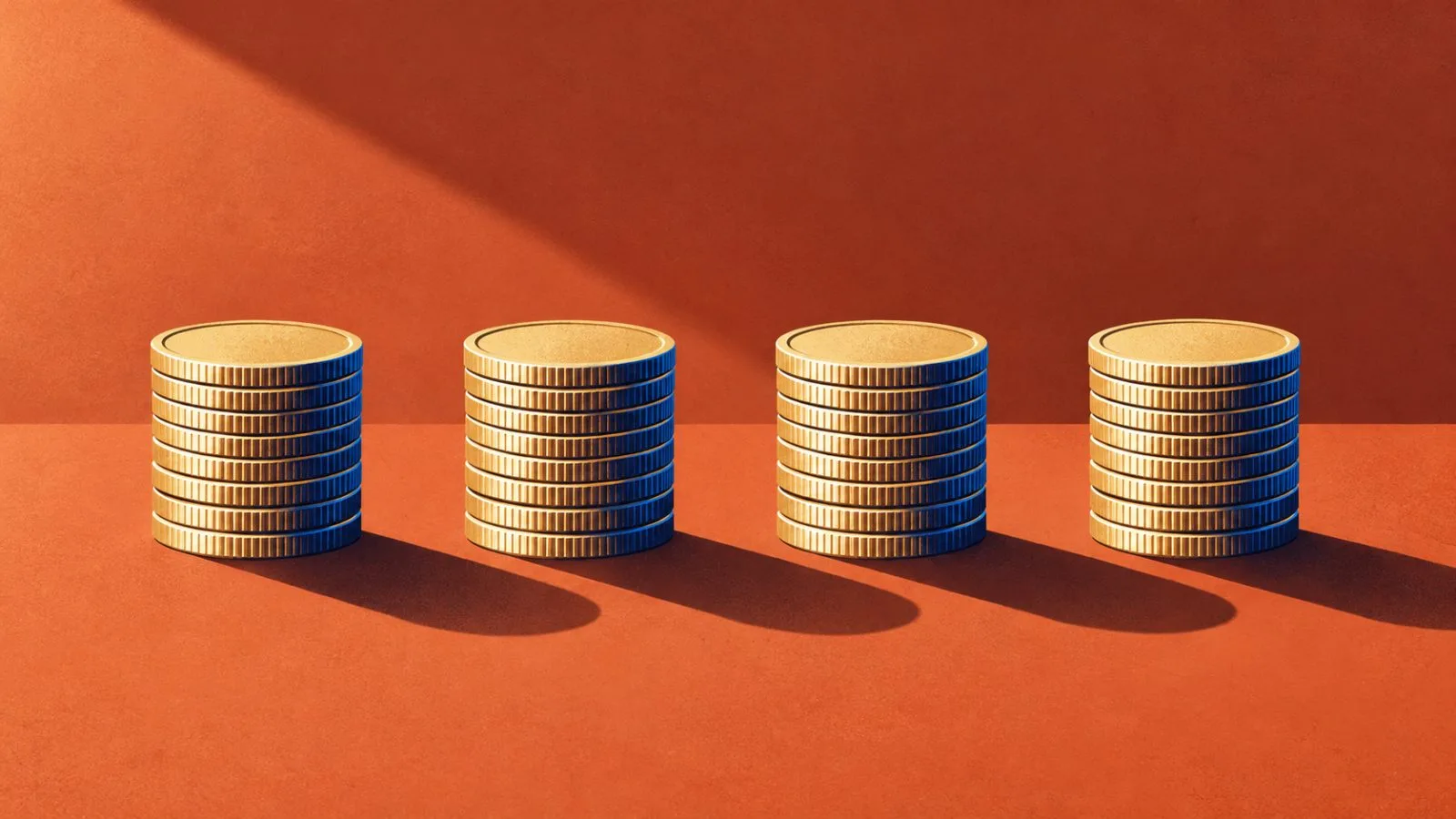 Four equal piles of coins sit on a terracotta surface. / TokenPost.ai