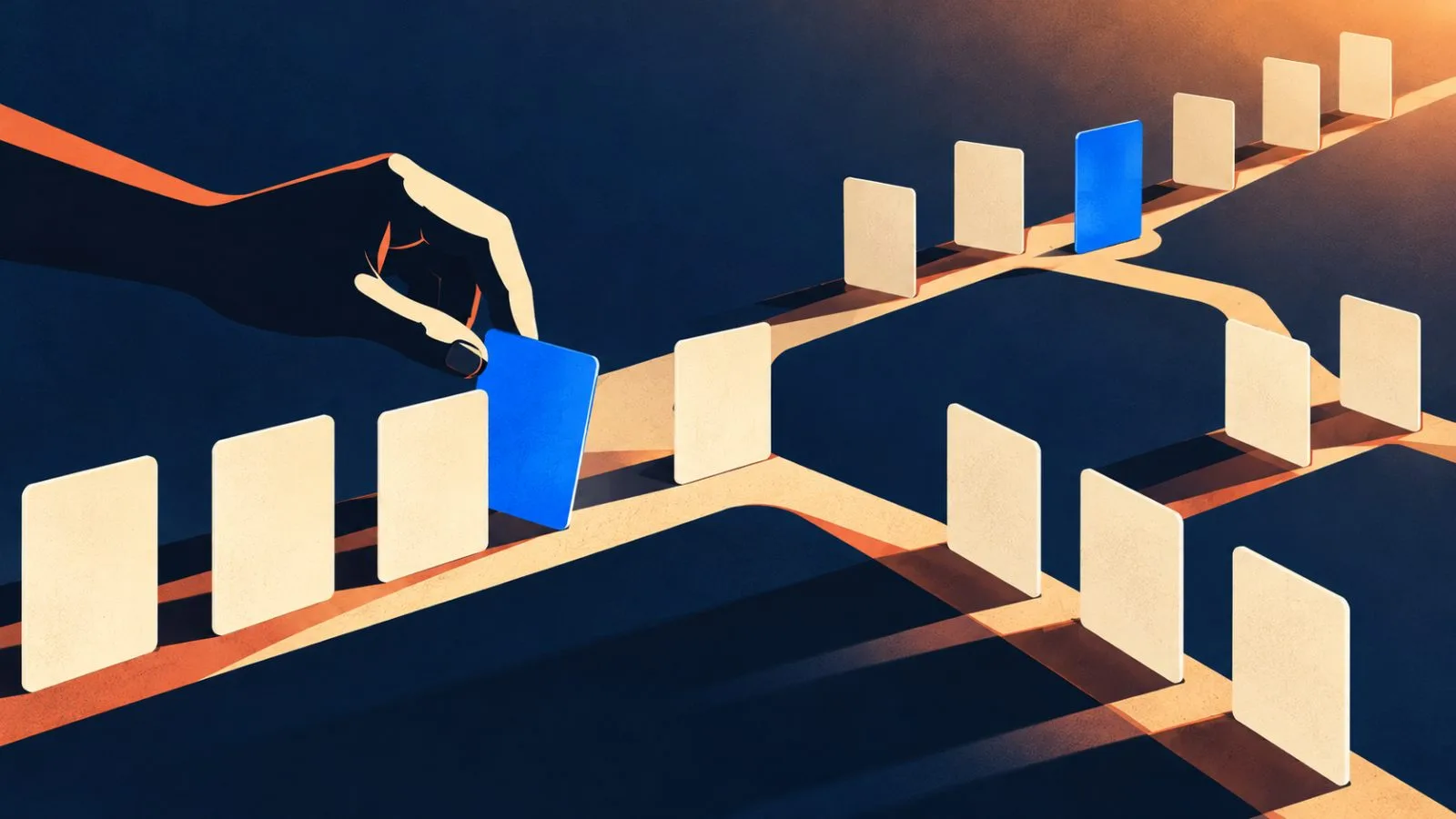 A hand selects blank cards along a branching decision path / TokenPost.ai
