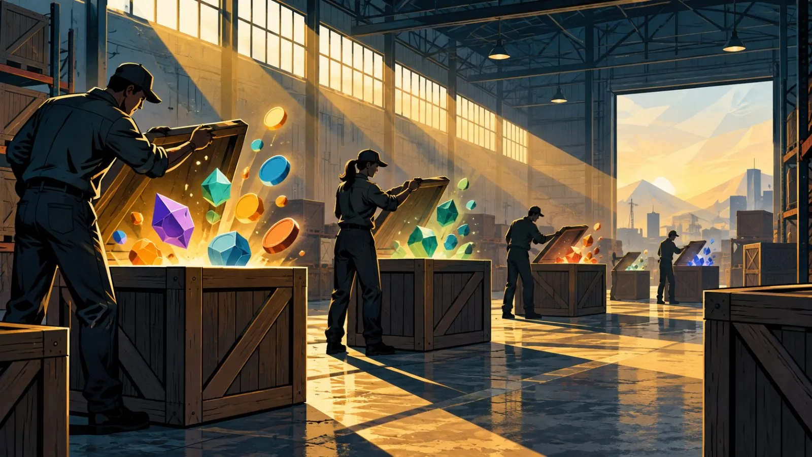 Unmarked crates sit open beneath high warehouse windows / TokenPost.ai
