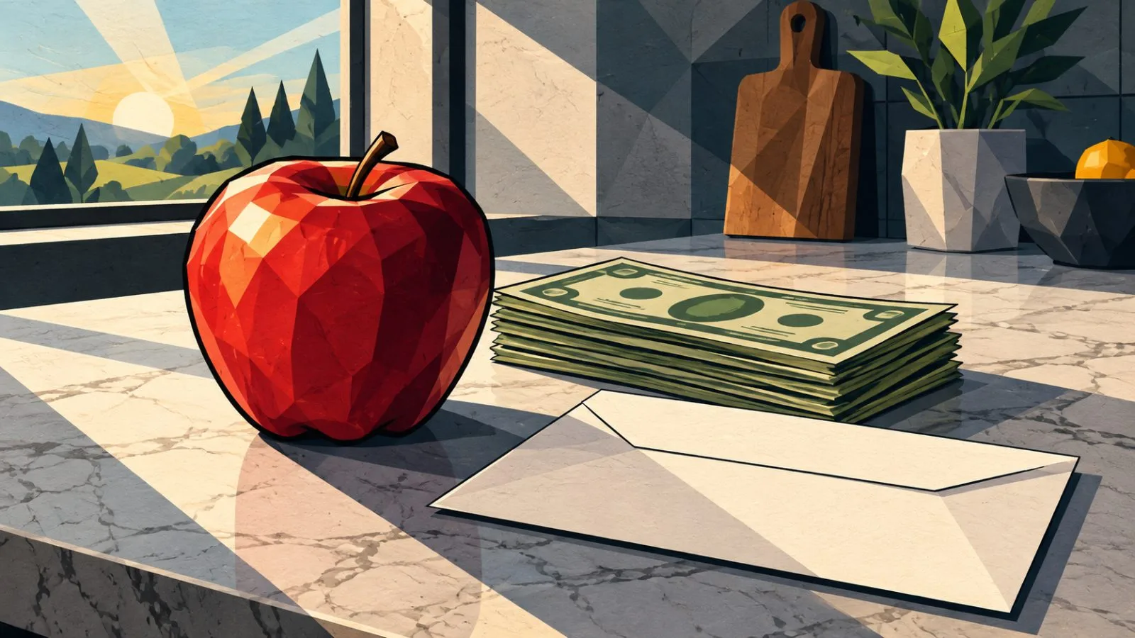 An apple rests beside folded bills and a plain envelope / TokenPost.ai