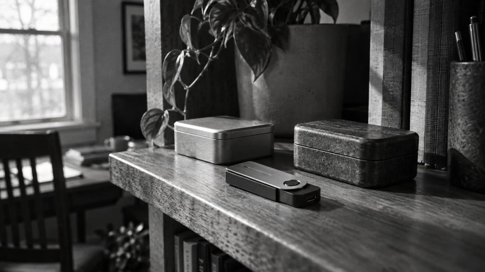 Hardware wallet and backup cases arranged on a wooden shelf / TokenPost.ai