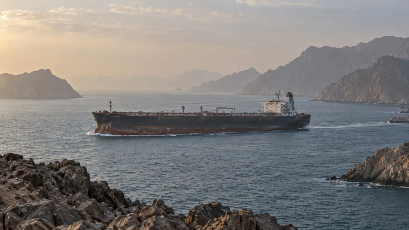 A tanker moves through hazy morning light in the Strait of Hormuz / TokenPost.ai