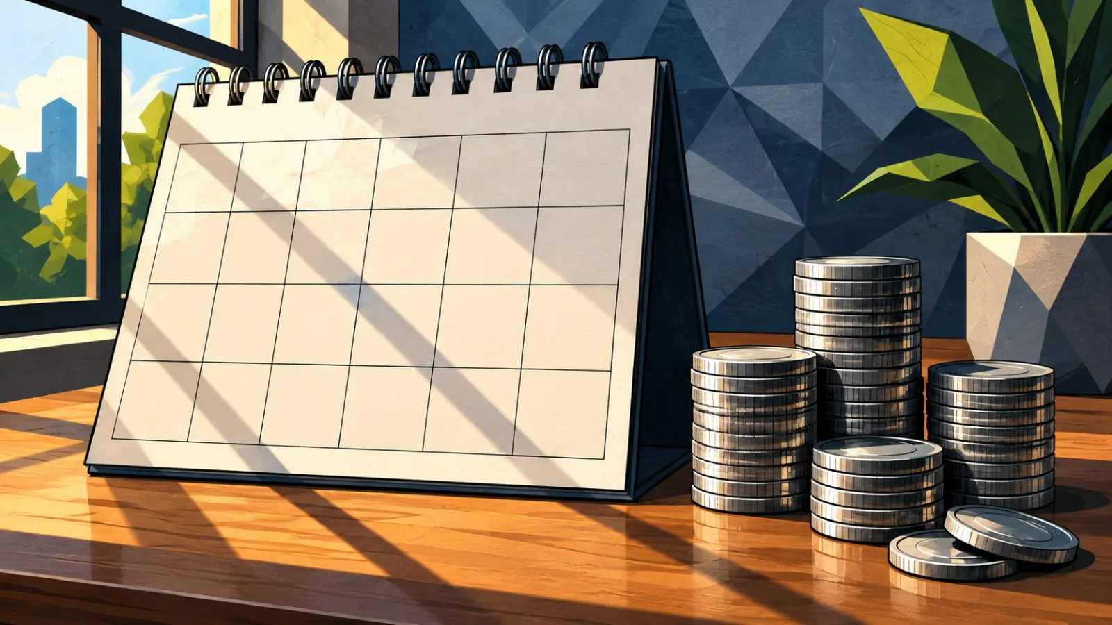 Blank calendar beside neatly stacked coins in morning window light / TokenPost.ai