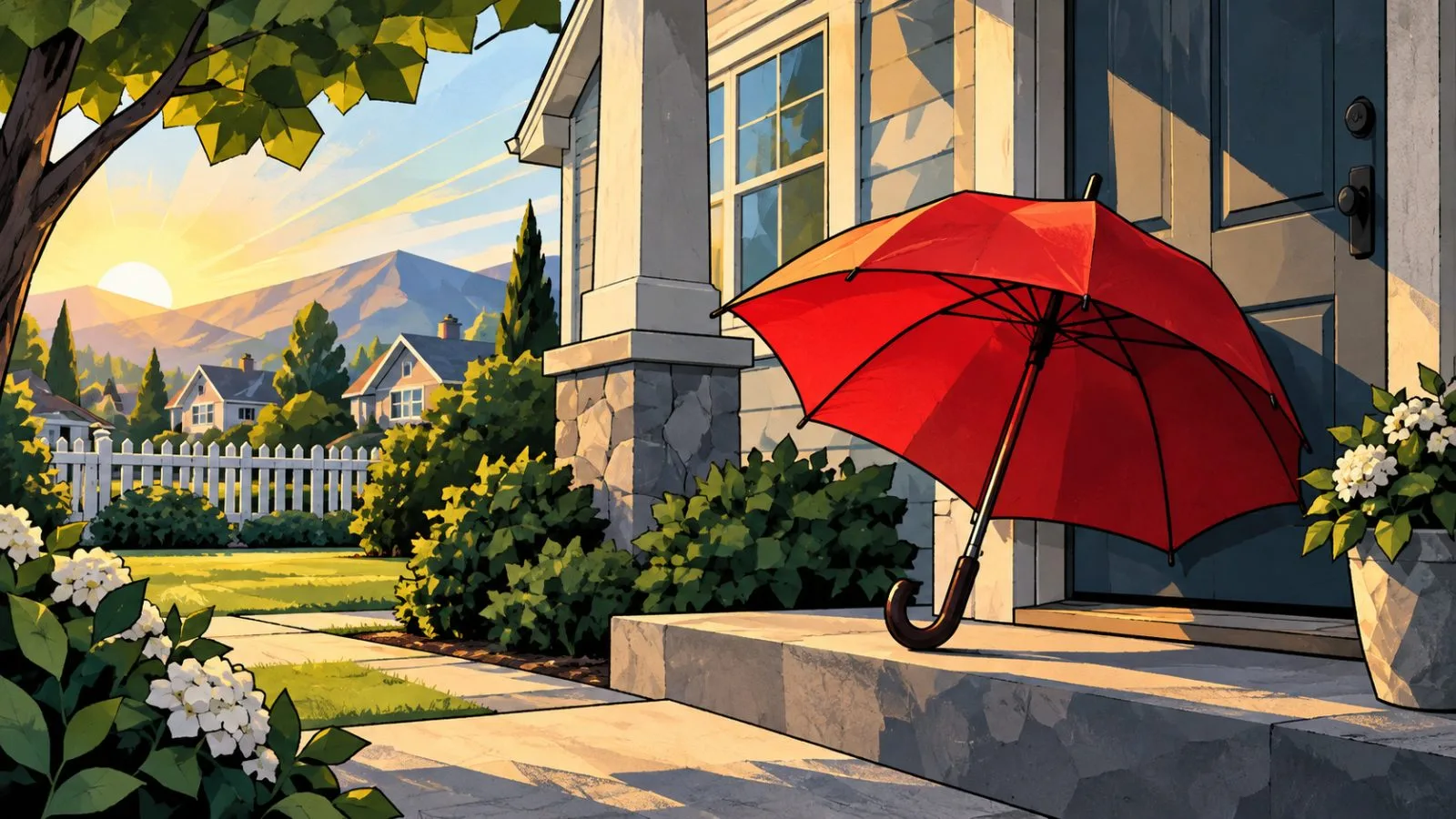A red umbrella rests beside a quiet suburban home in morning light / TokenPost.ai