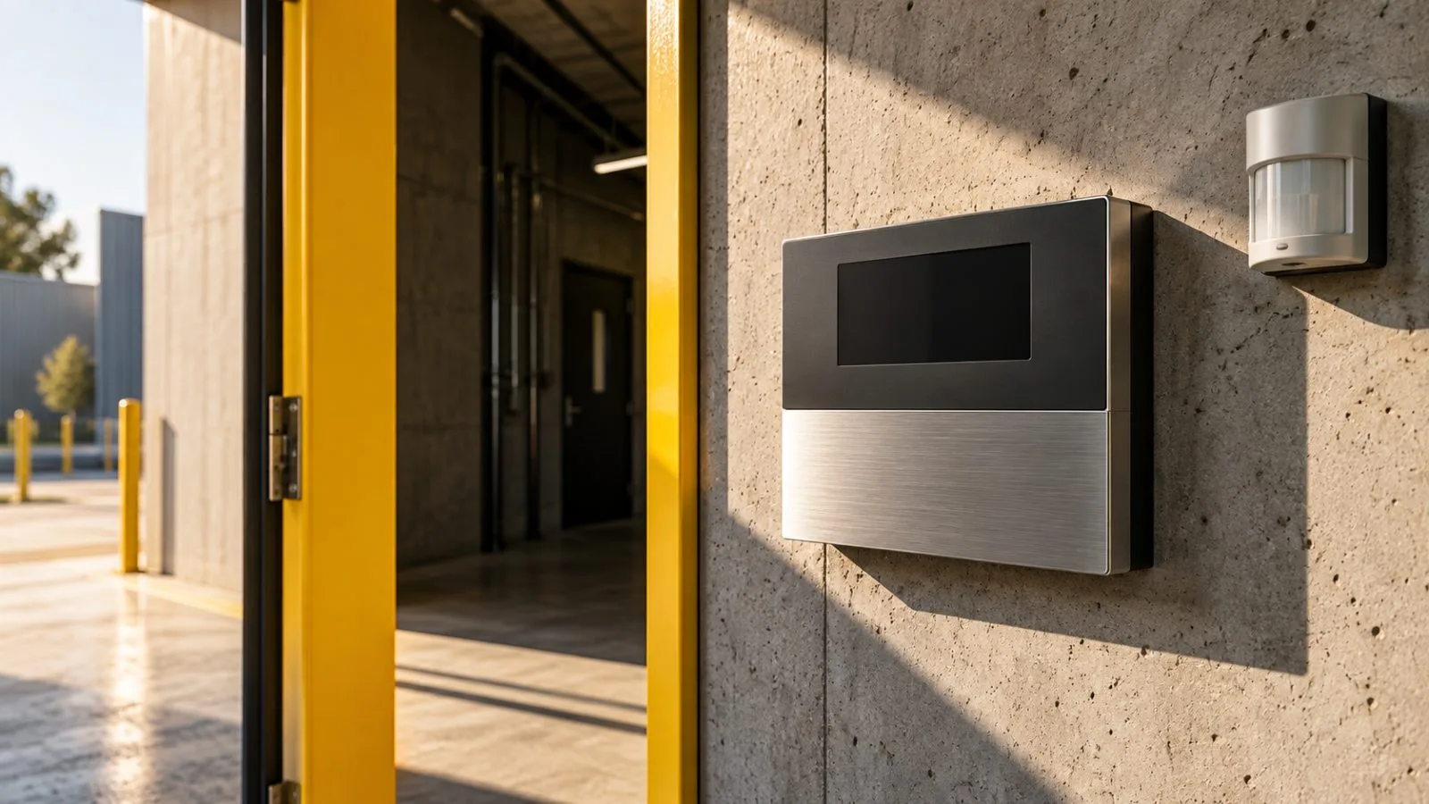 A wall mounted alarm panel sits beside a compact motion sensor / TokenPost.ai