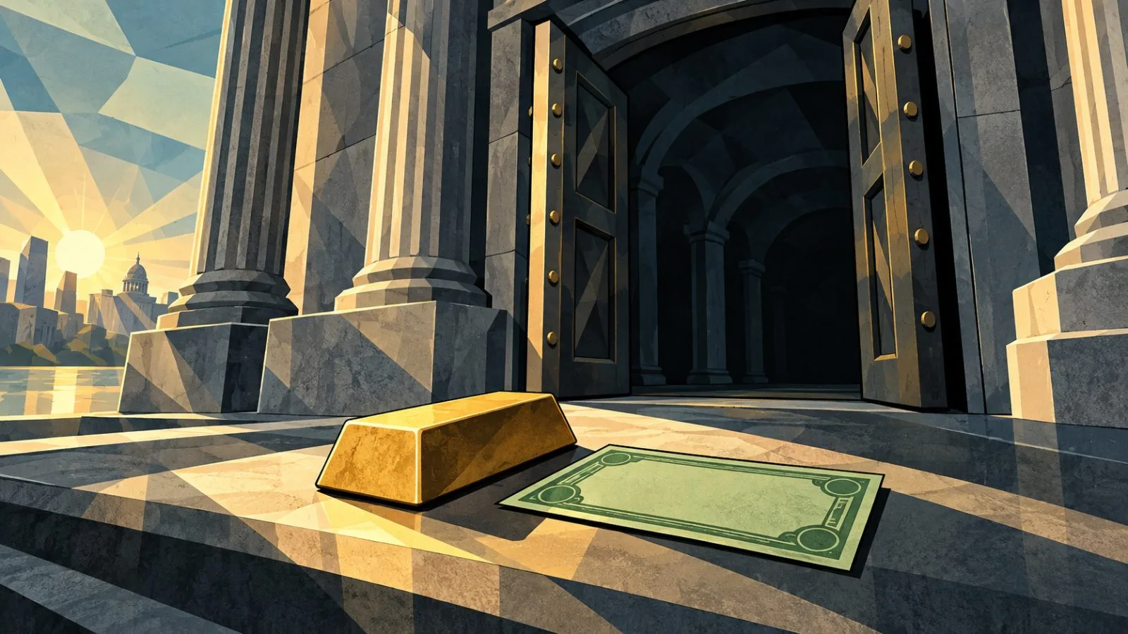 A gold bar rests beside a dollar bill at a stone vault entrance / TokenPost.ai
