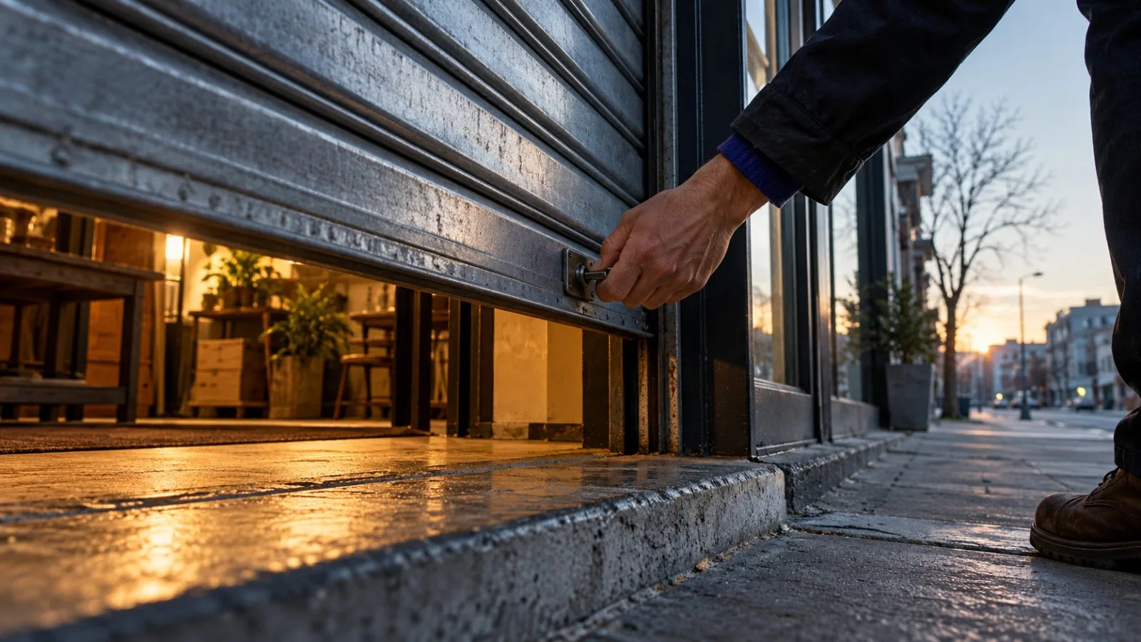 A hand lifts a small business storefront shutter in early light / TokenPost.ai