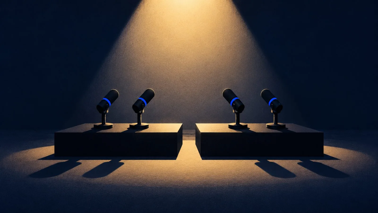 Four compact microphones arranged in pairs on two dark platforms / TokenPost.ai